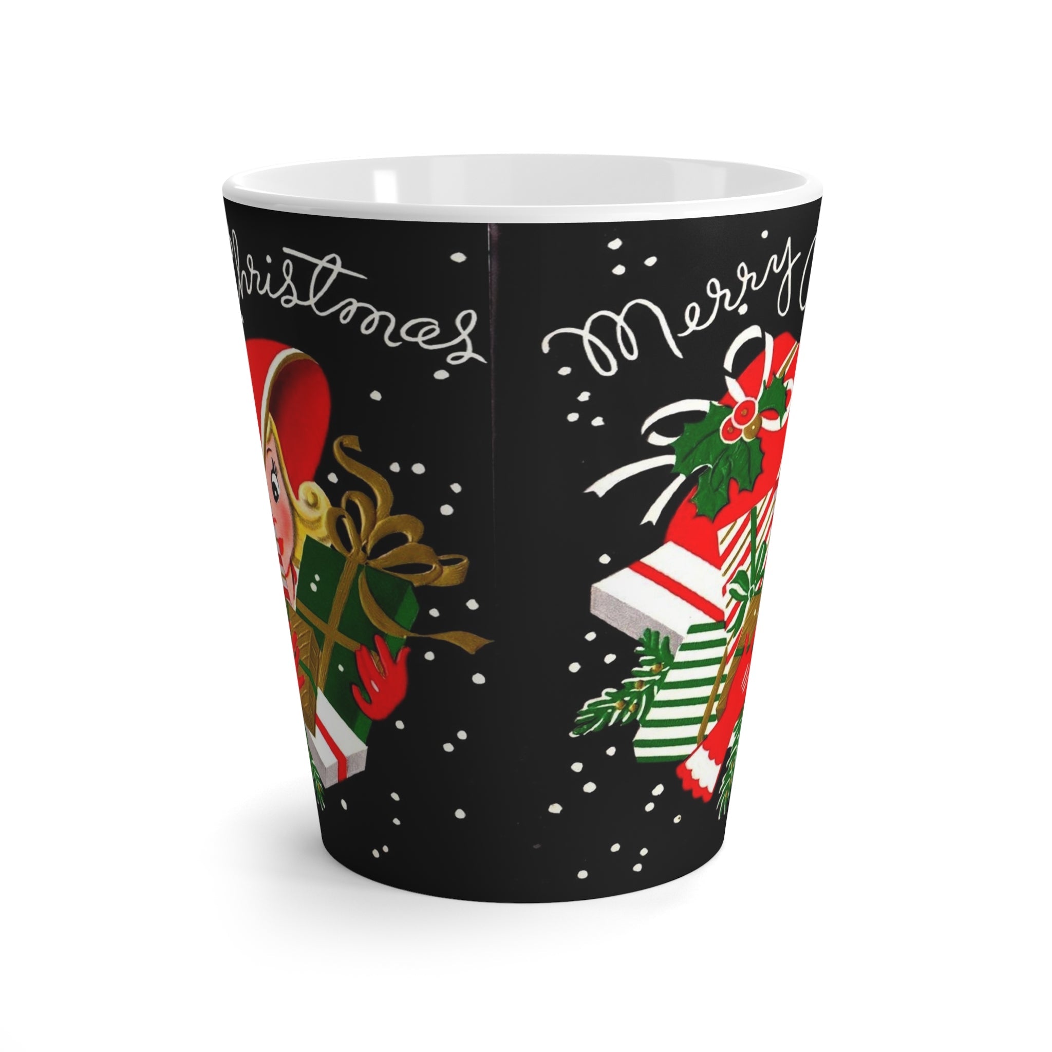 Merry Christmas Lady With Presents Retro Christmas Print Latte Coffee Mug