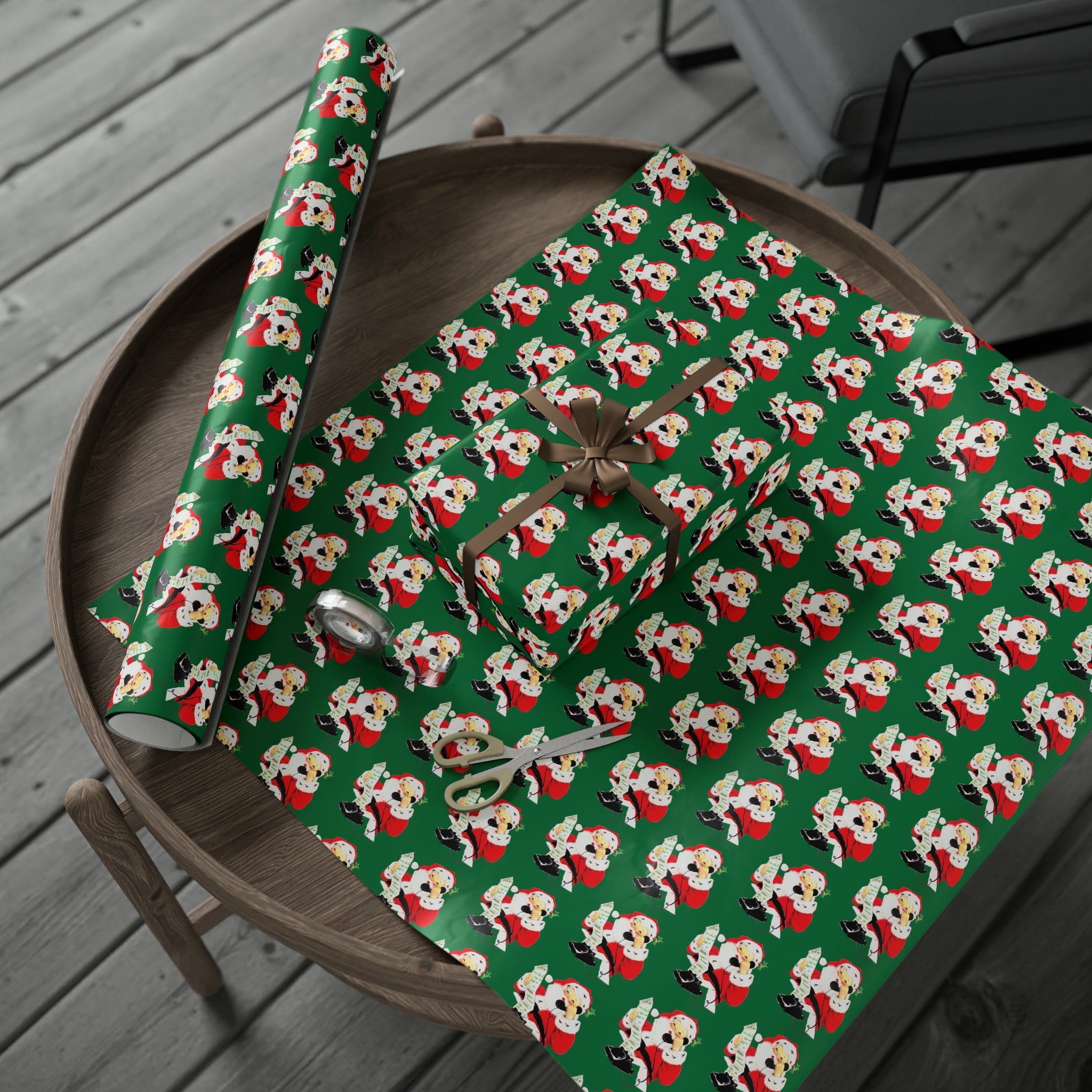Santa Checking His List On Telephone Green Mid Century Retro Christmas Print Holiday Gift Wrap Paper - Glossy Or Matte