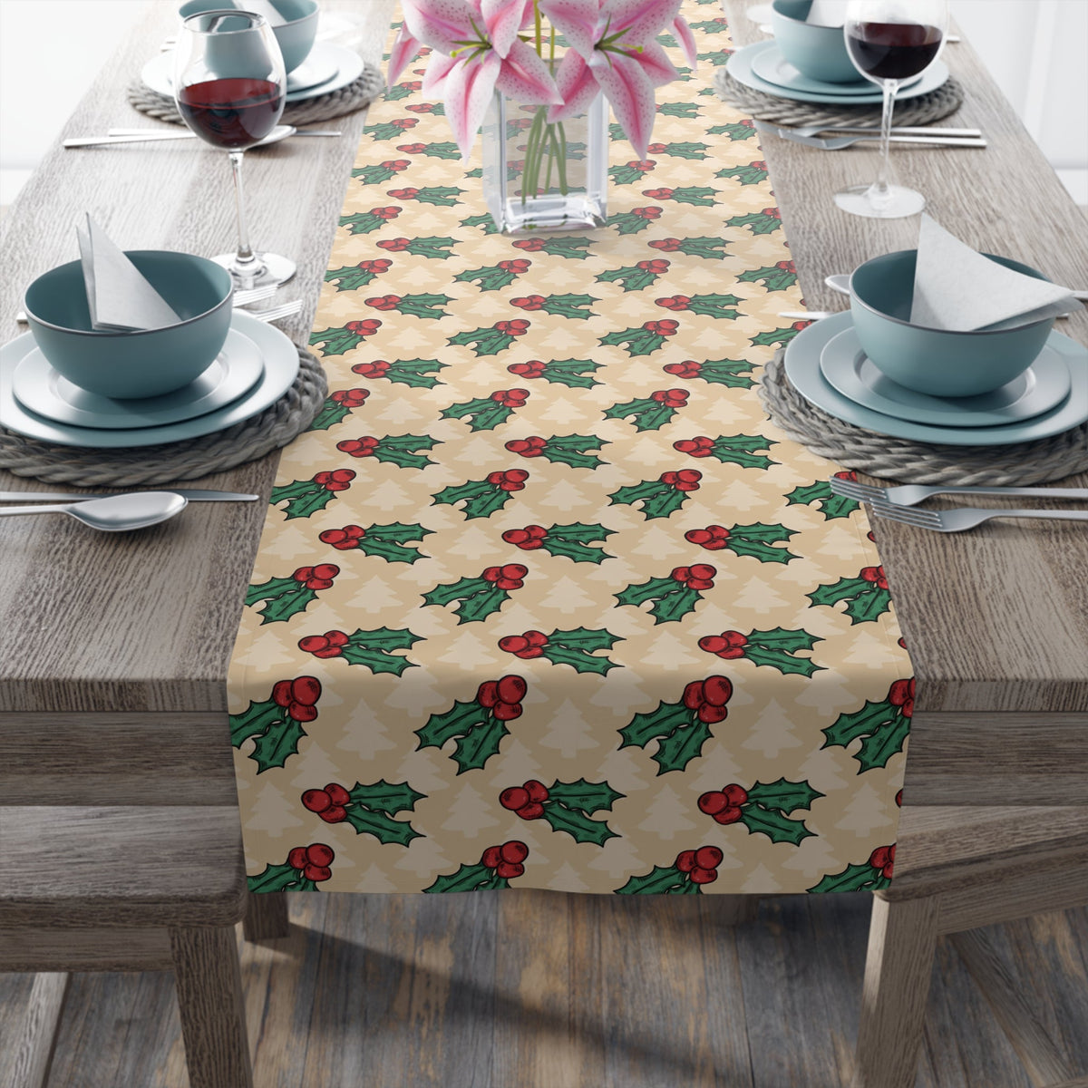 Christmas Holly Trees Polyester Table Runner
