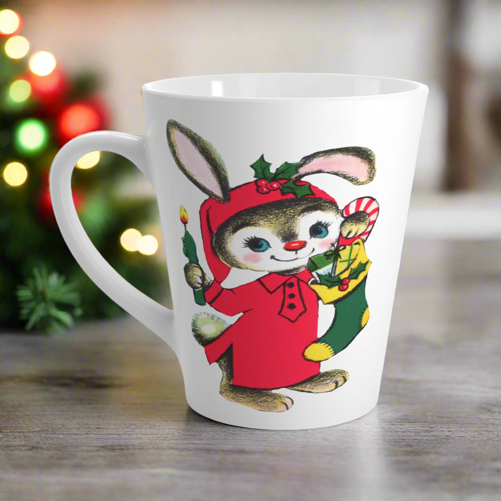 Christmas Bunny With Candle And Stocking Mid Century Retro Latte Coffee Mug