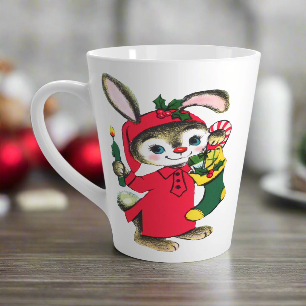 Christmas Bunny With Candle And Stocking Mid Century Retro Latte Coffee Mug