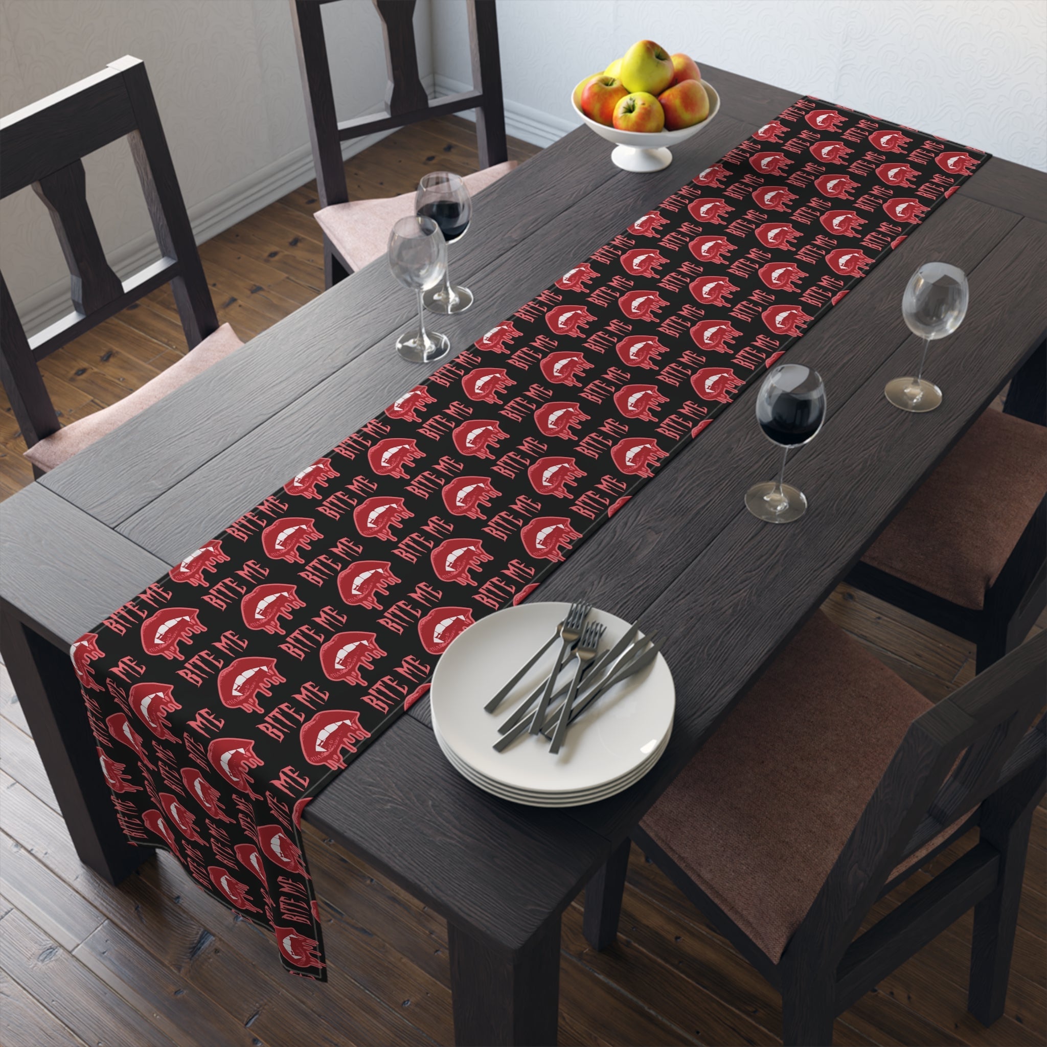 Bite Me Vampire Fangs Bloody Halloween Black Decor Cotton Poly Table Runner