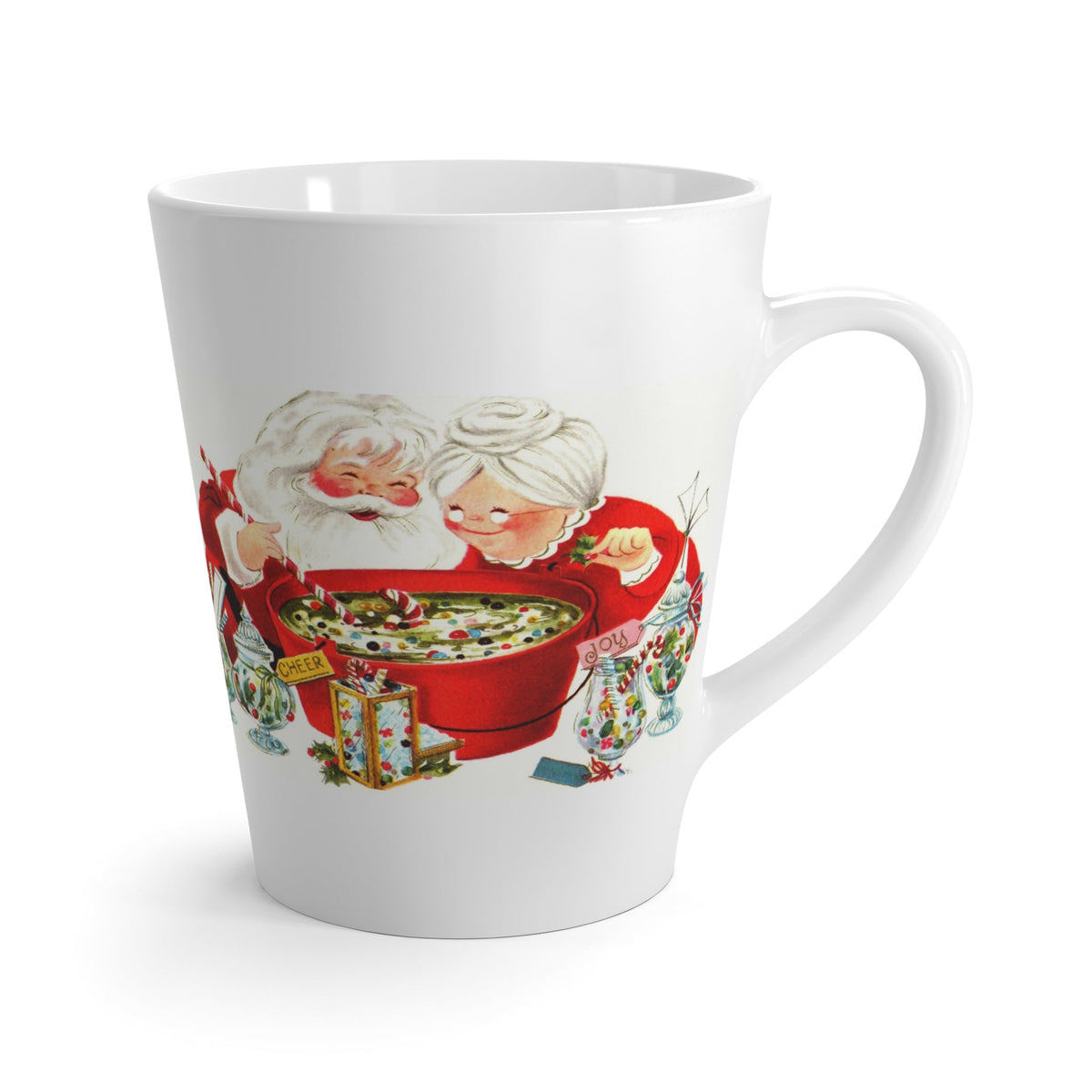 Santa And Mrs Claus Making Christmas Cheer Mid Century Retro Christmas Print Latte Coffee Mug