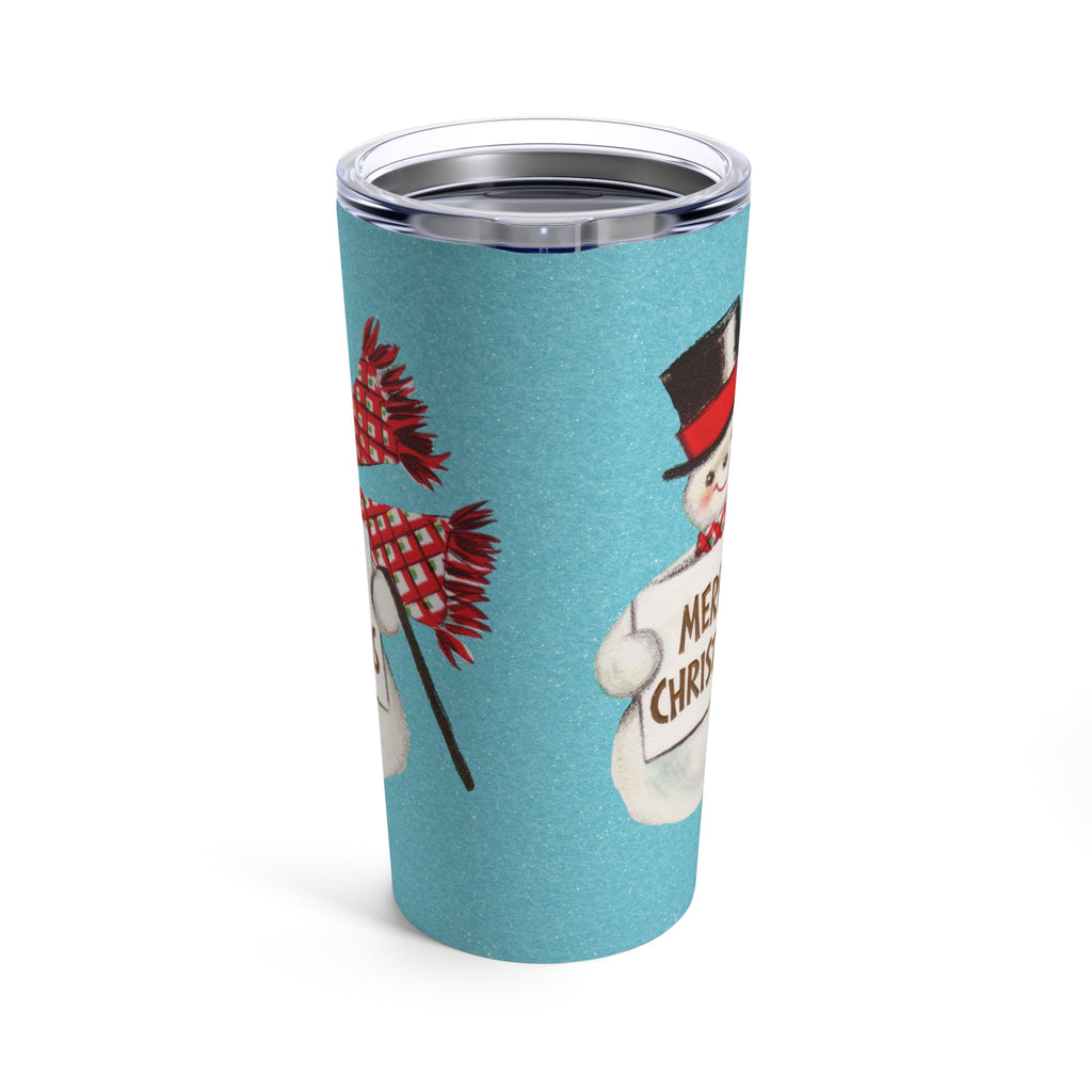 Merry Christmas Snowman Blue Mid Century Retro Christmas Print Stainless Steel Tumbler 20oz
