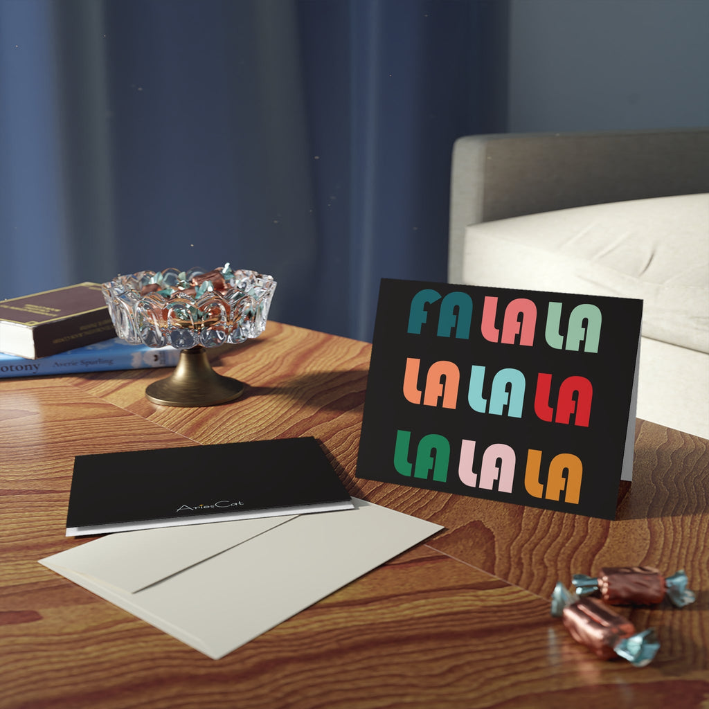 Fa La La La Retro Christmas Style Black Matte Greeting Cards (8, 16, and 24 pcs)