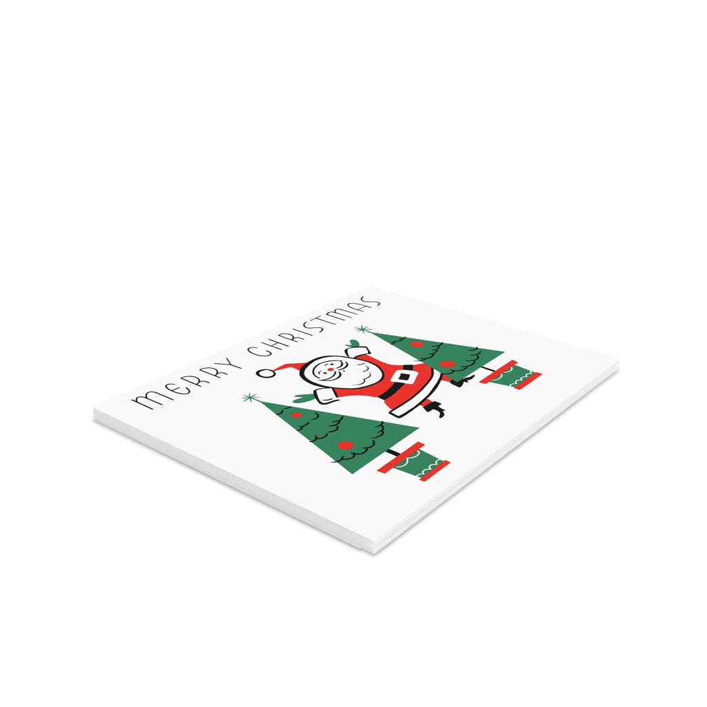 Merry Christmas Santa Trees Mid Century Retro Christmas Print Matte Greeting Cards (8, 16, and 24 pcs)