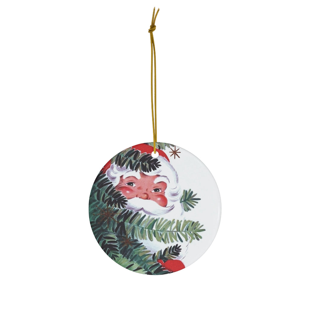 Santa In Tree Mid Century Retro Christmas Print Ceramic Ornament