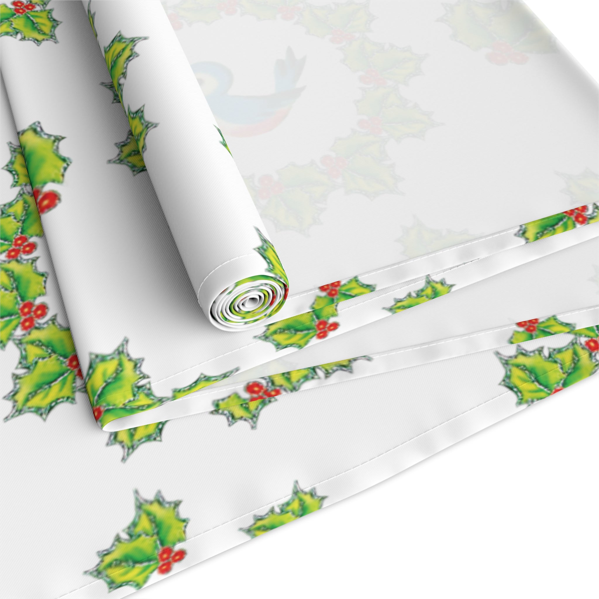 Christmas Bluebirds And Reindeer In Holly Berry Wreath Mid Century Retro Christmas Print Home Decor Cotton Poly Table Runner