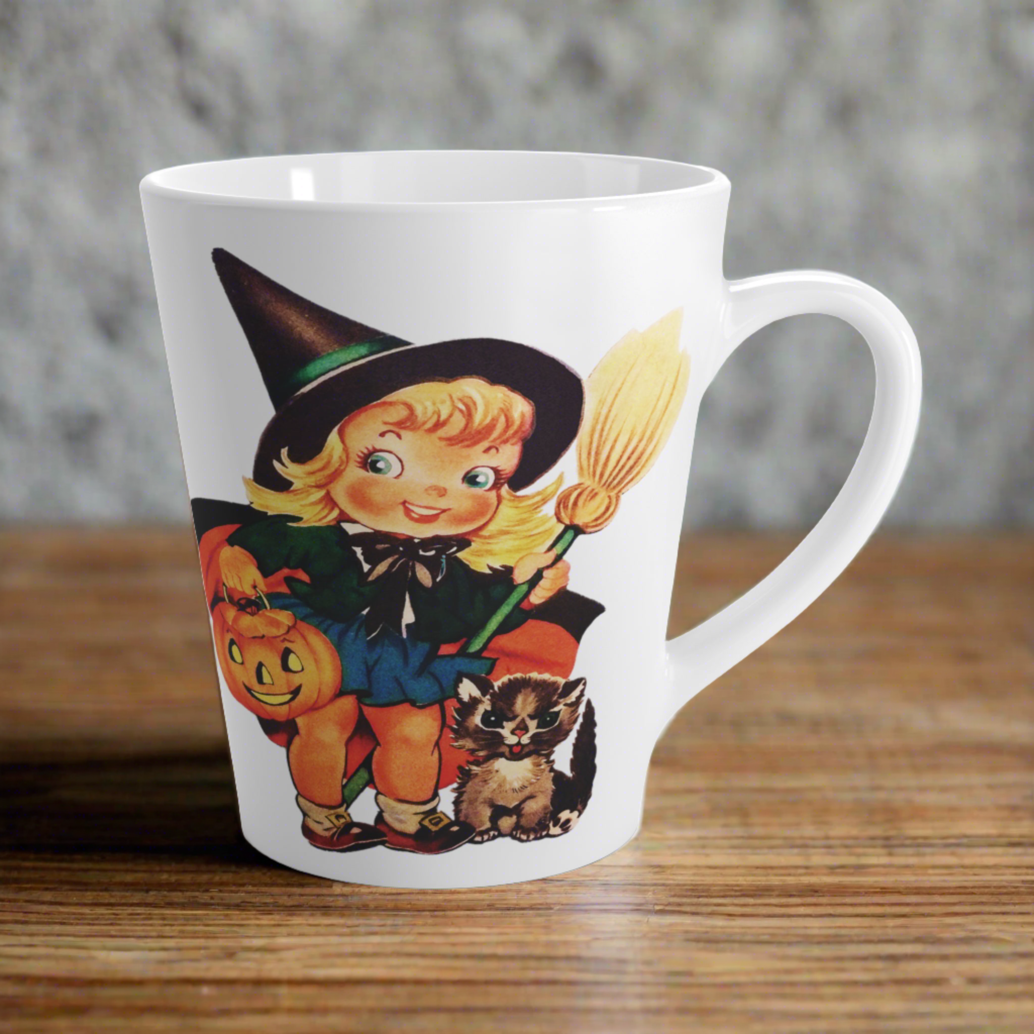 Cute Little Witch With Cat Retro Vintage Halloween Print Latte Coffee Mug