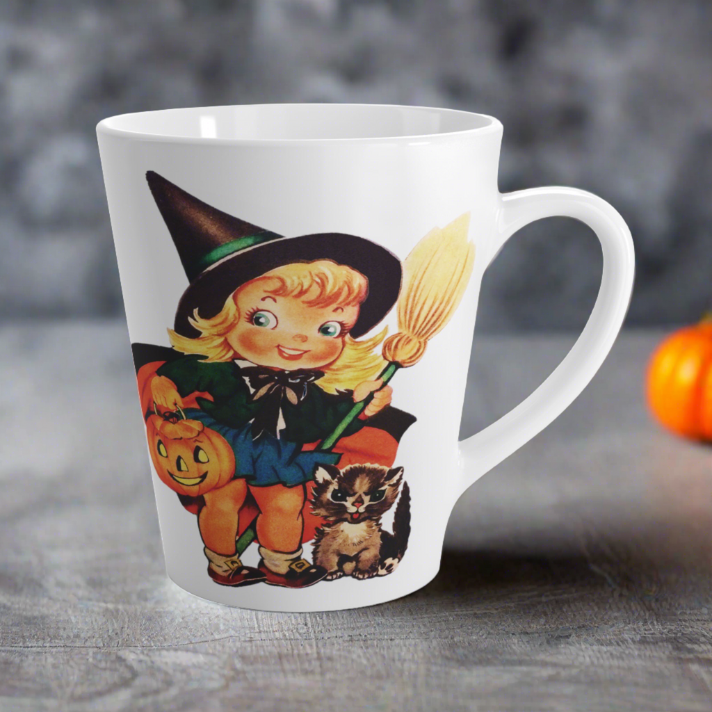 Cute Little Witch With Cat Retro Vintage Halloween Print Latte Coffee Mug