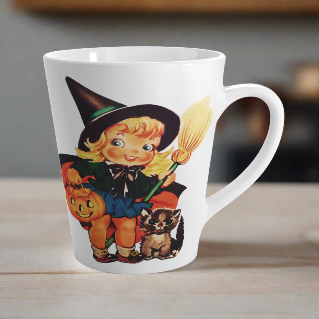 Cute Little Witch With Cat Retro Vintage Halloween Print Latte Coffee Mug