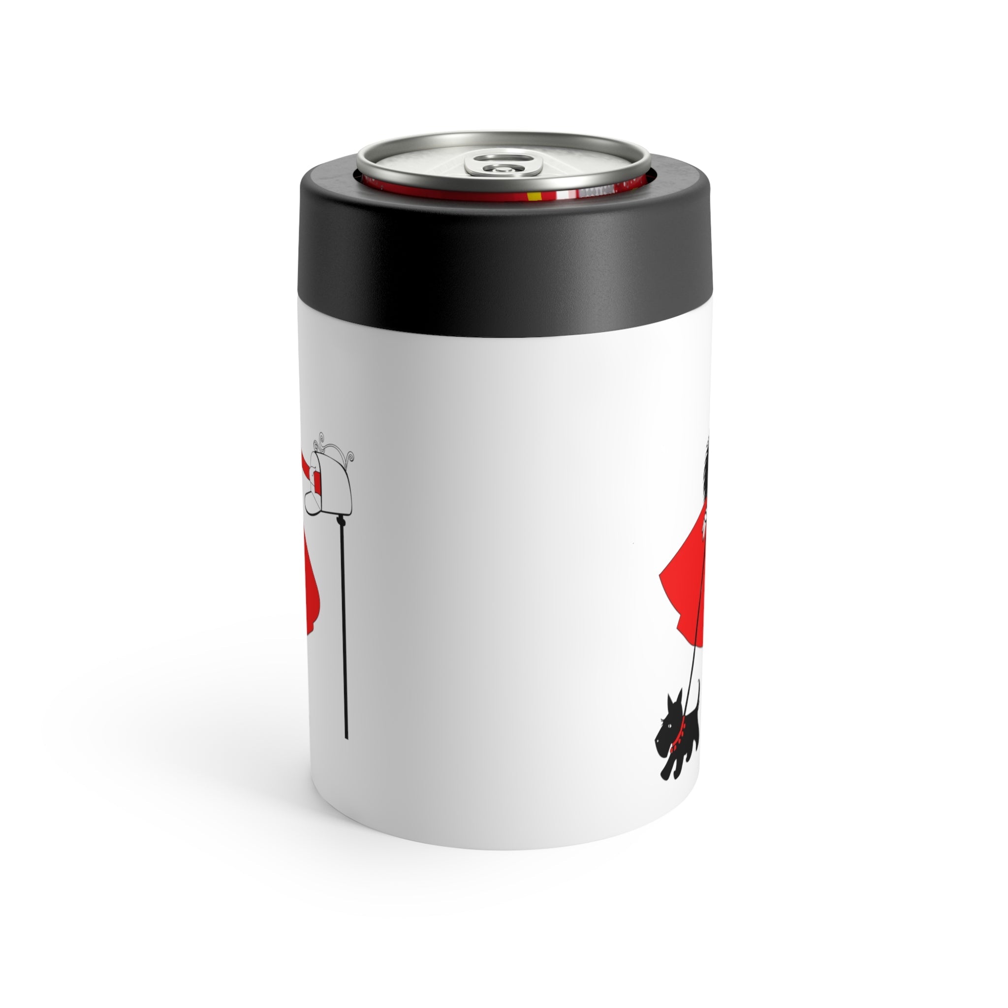 Christmas Lady With Black Scottie Dog At Mailbox Mid Century Retro Christmas Print Stainless Steel Can Holder