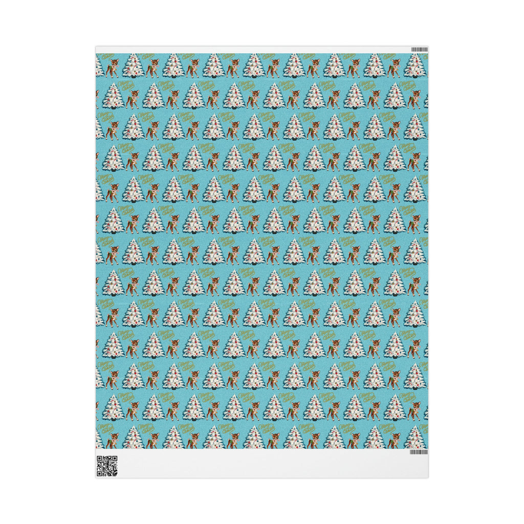 Merry Christmas Reindeer With Candy Cane Tree Blue Mid Century Retro Christmas Print Holiday Gift Wrap Paper - Glossy Or Matte