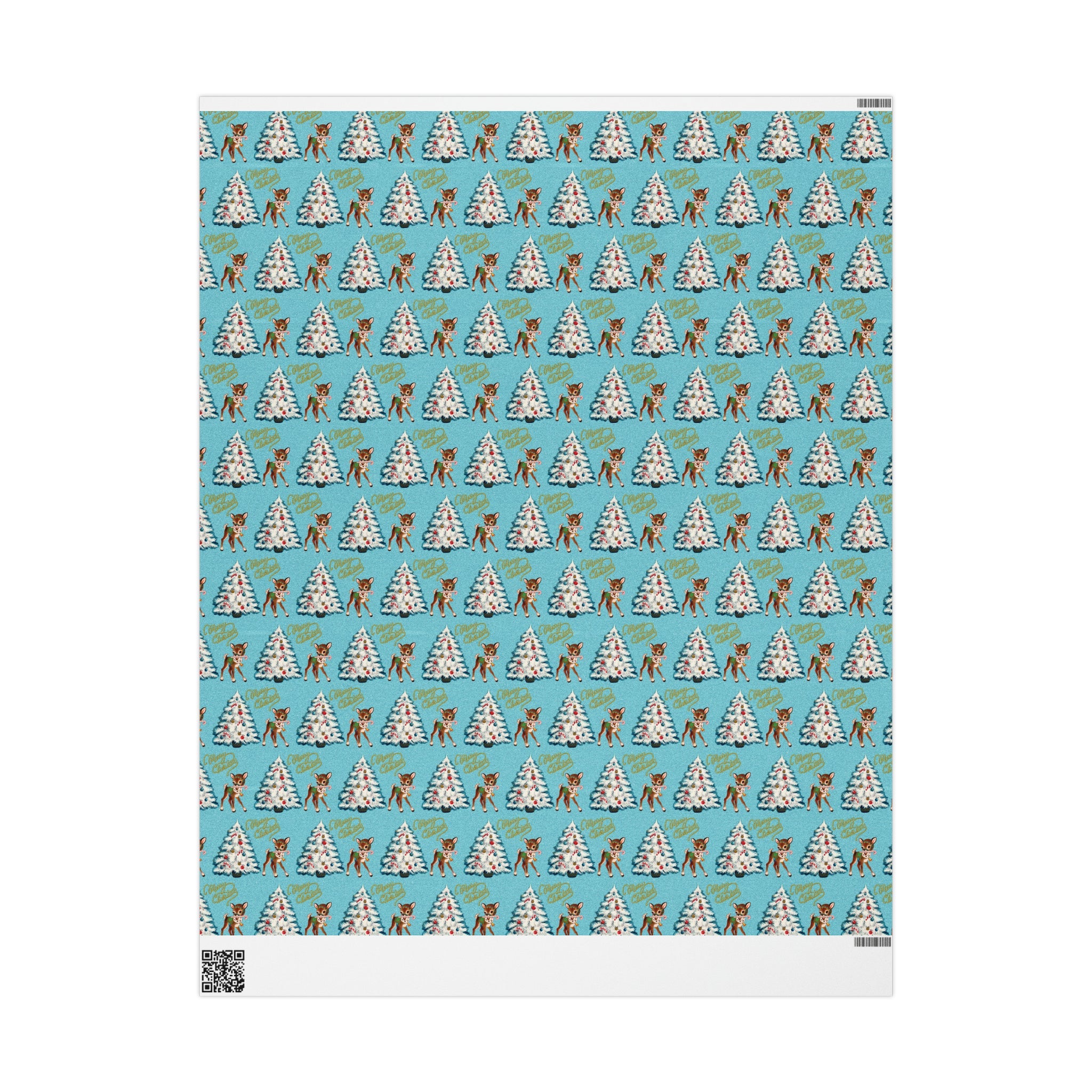 Merry Christmas Reindeer With Candy Cane Tree Blue Mid Century Retro Christmas Print Holiday Gift Wrap Paper - Glossy Or Matte