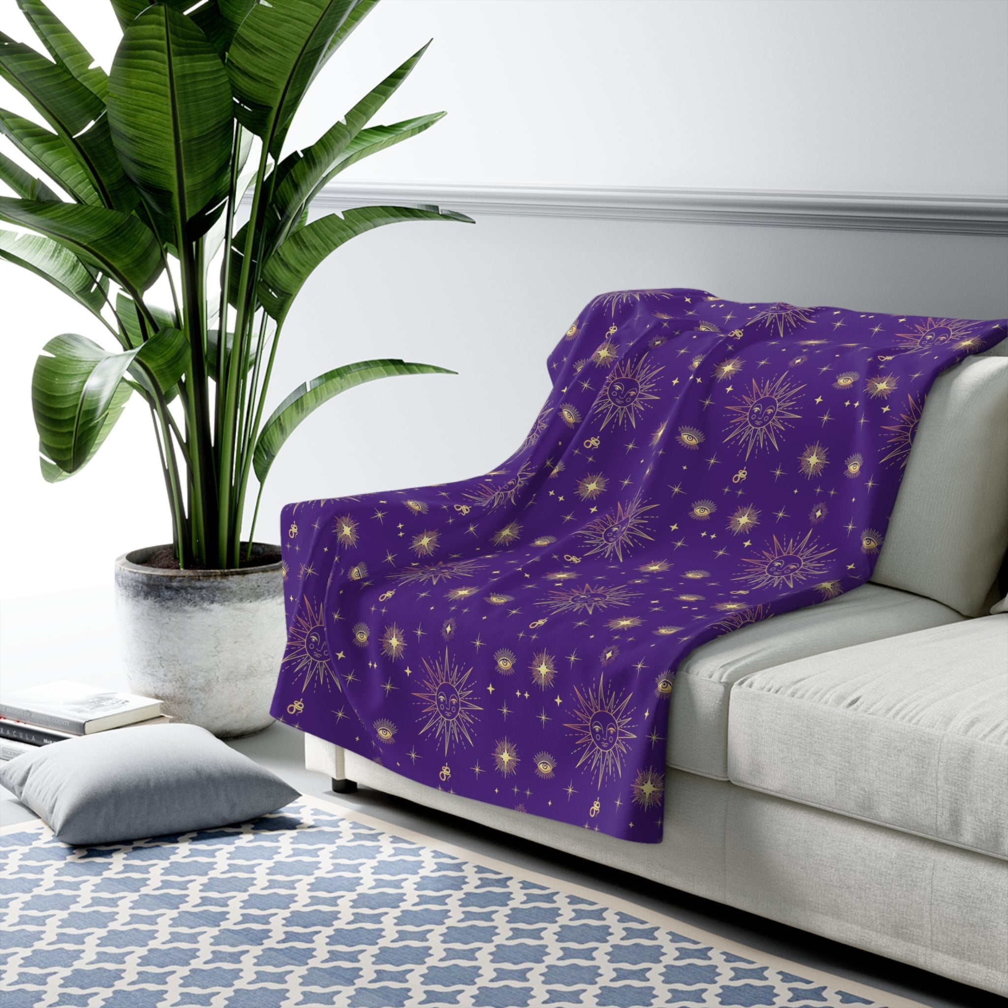 Gold Sun Stars Celestial Tarot Purple Sherpa Fleece Blanket