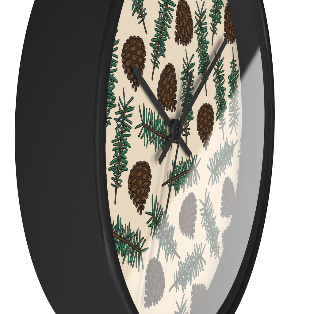 Pinecones With Sprigs Of Pine Christmas Winter Print Black Wall Clock