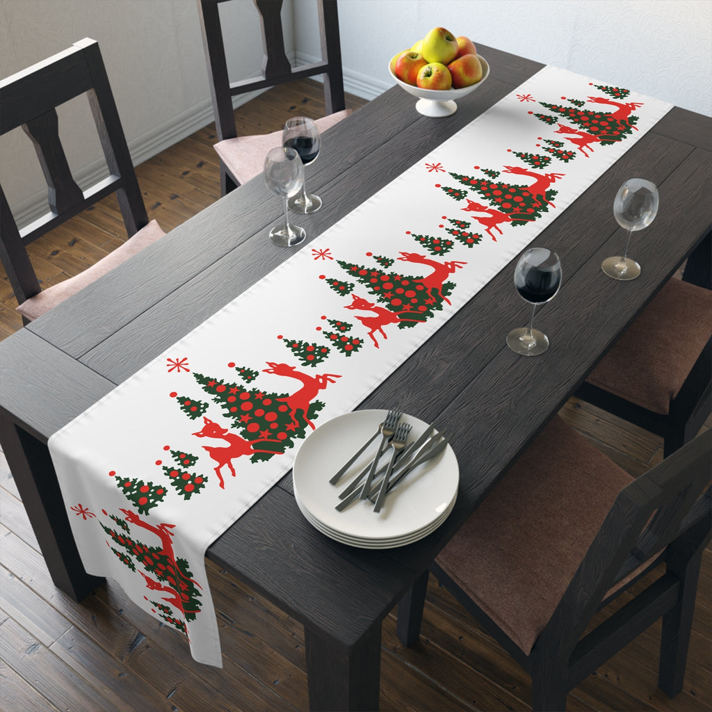Red Reindeer Christmas Trees Midcentury Retro Polyester Table Runner