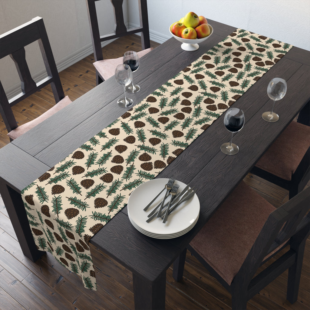 Pinecones With Sprigs Of Pine Cute Winter Christmas Print Home Decor Cotton Poly Table Runner