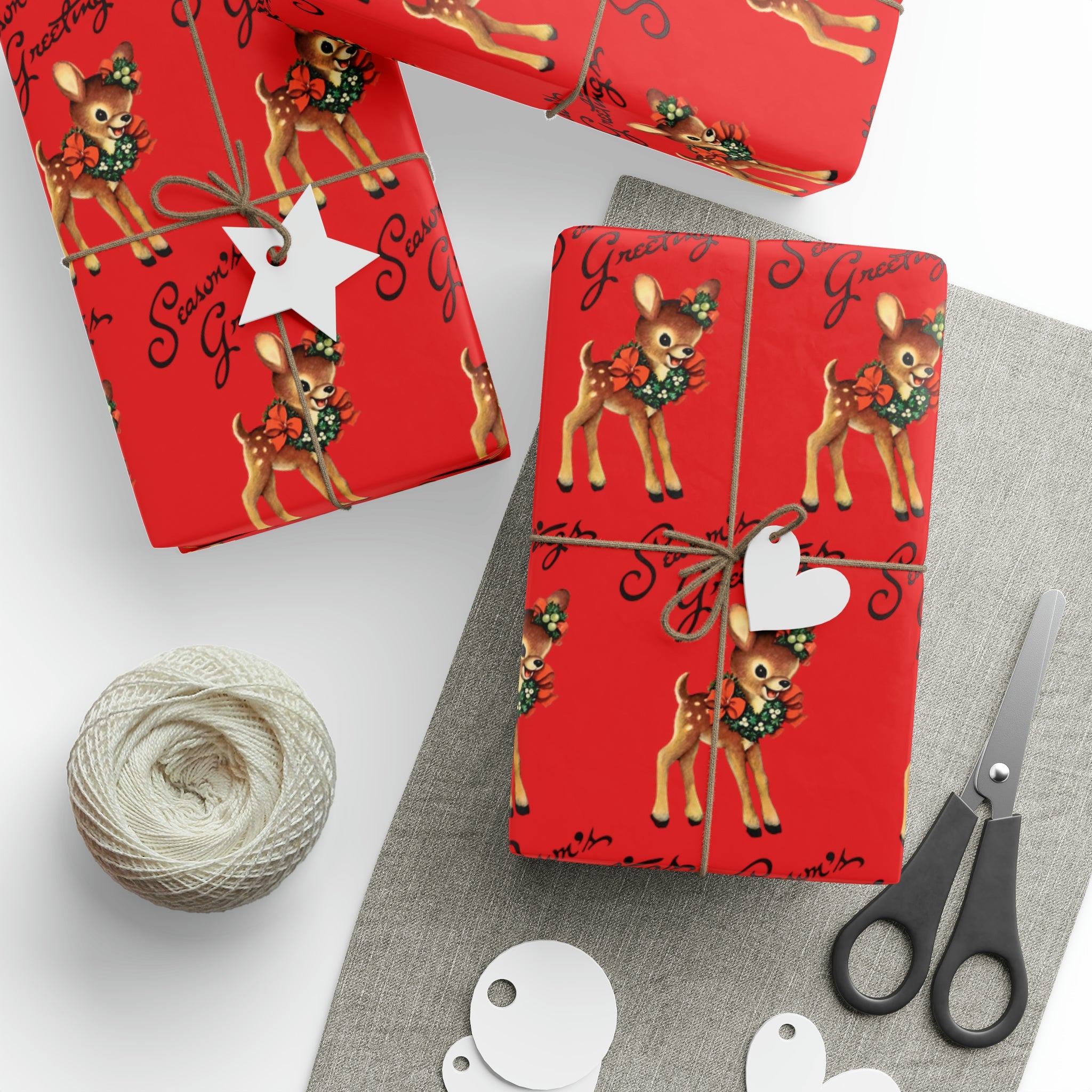 Season's Greetings Reindeer Wreath Retro Christmas Holiday Gift Wrap Paper - Glossy Or Matte