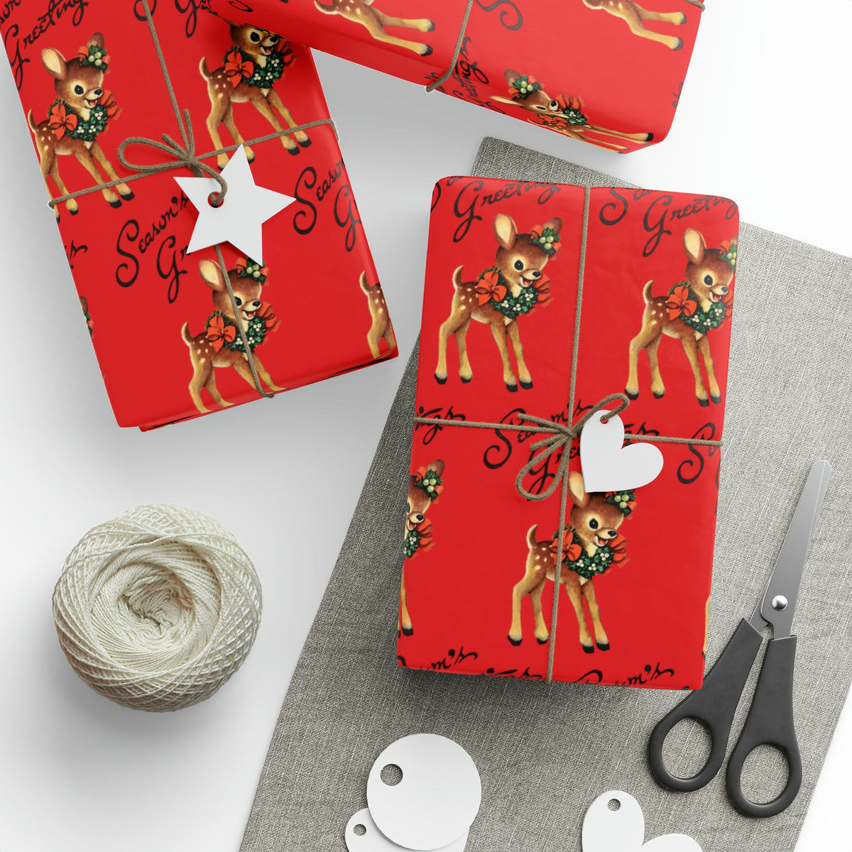 Season's Greetings Reindeer Wreath Retro Christmas Holiday Gift Wrap Paper - Glossy Or Matte