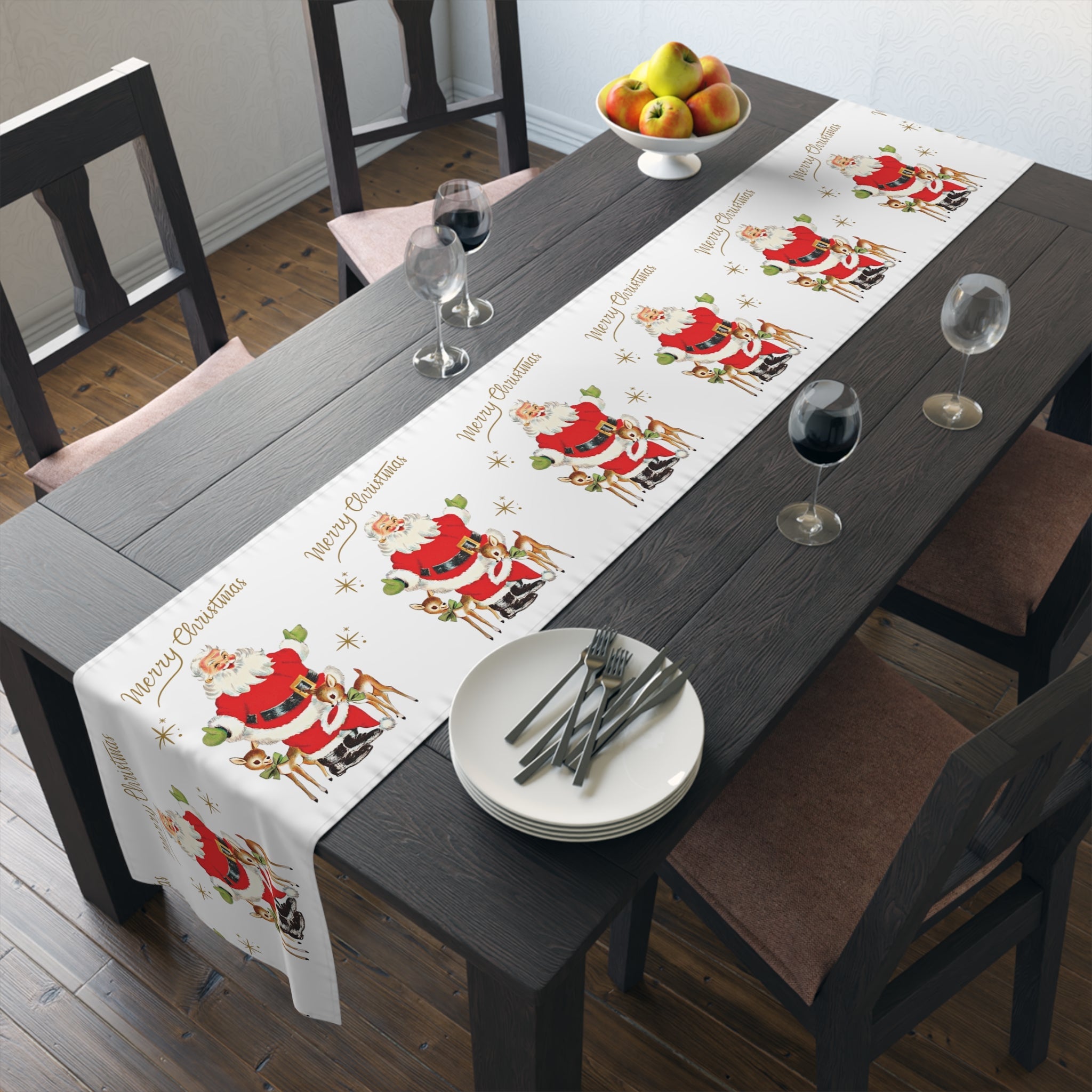 Merry Christmas Santa Reindeer Gold Stars Retro Christmas Table Runner