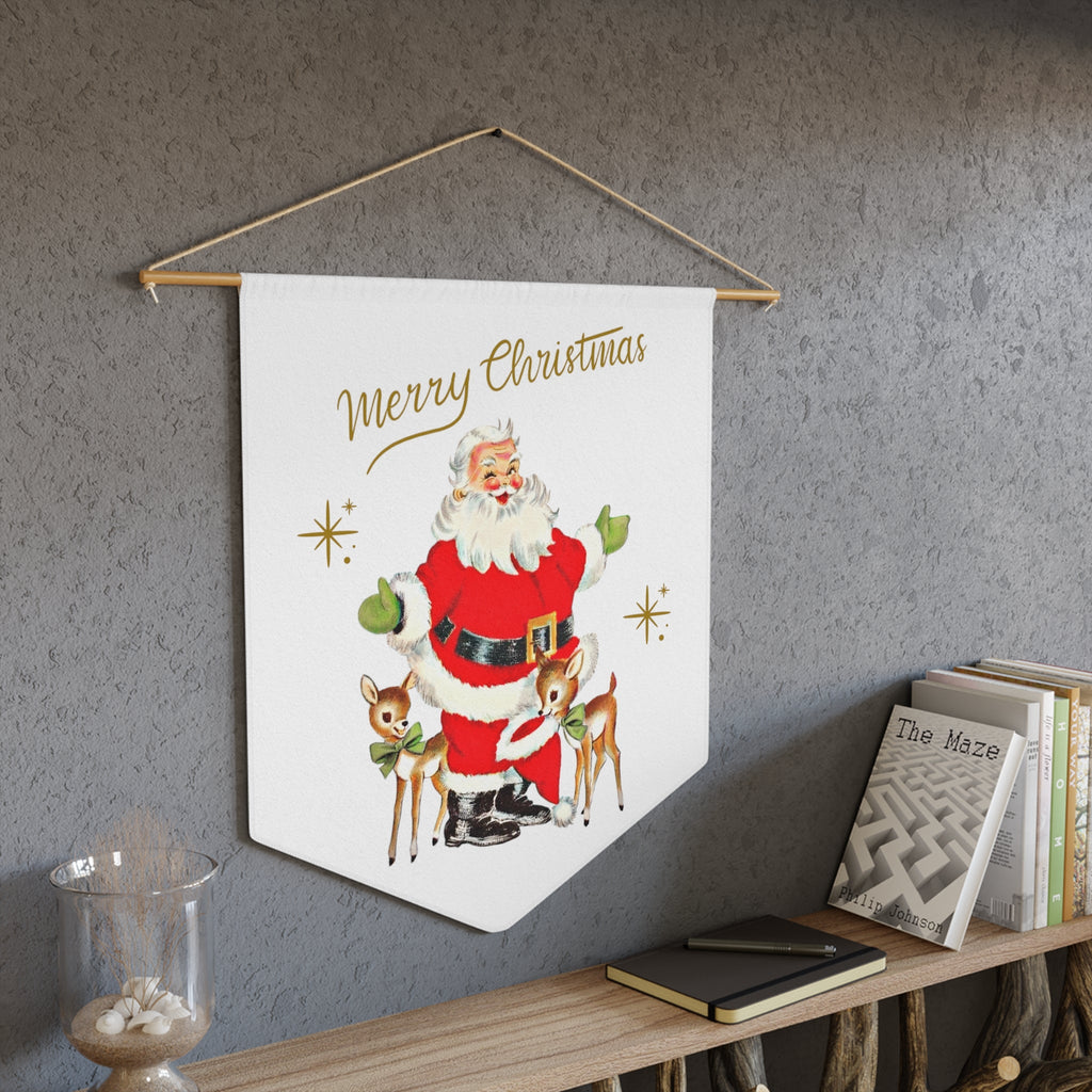 Merry Christmas Santa Reindeer Gold Stars Retro Mid Century Christmas Print Wall Hanging Banner Flag