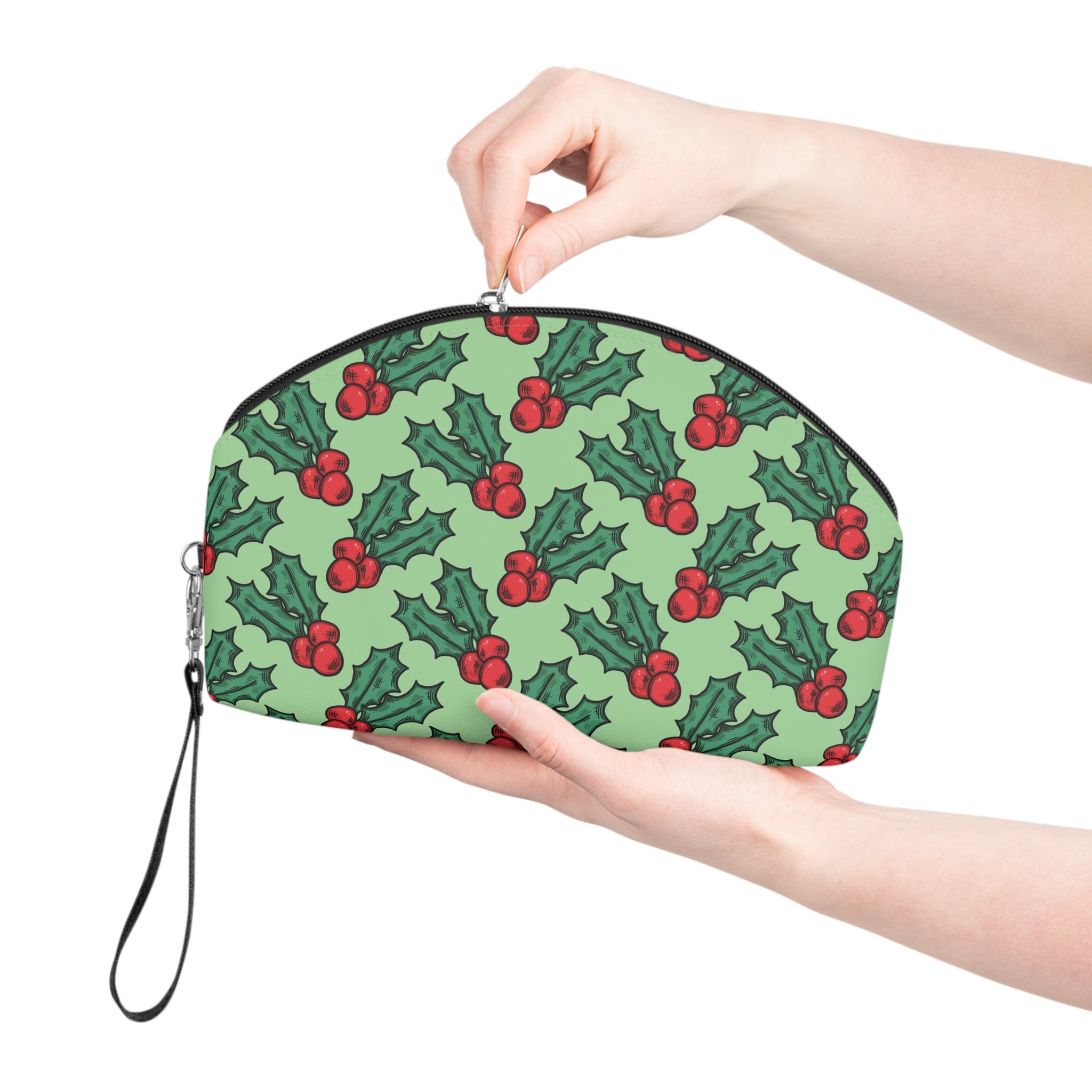 Cute Christmas Holly Green Christmas Cosmetic Travel Makeup Bag