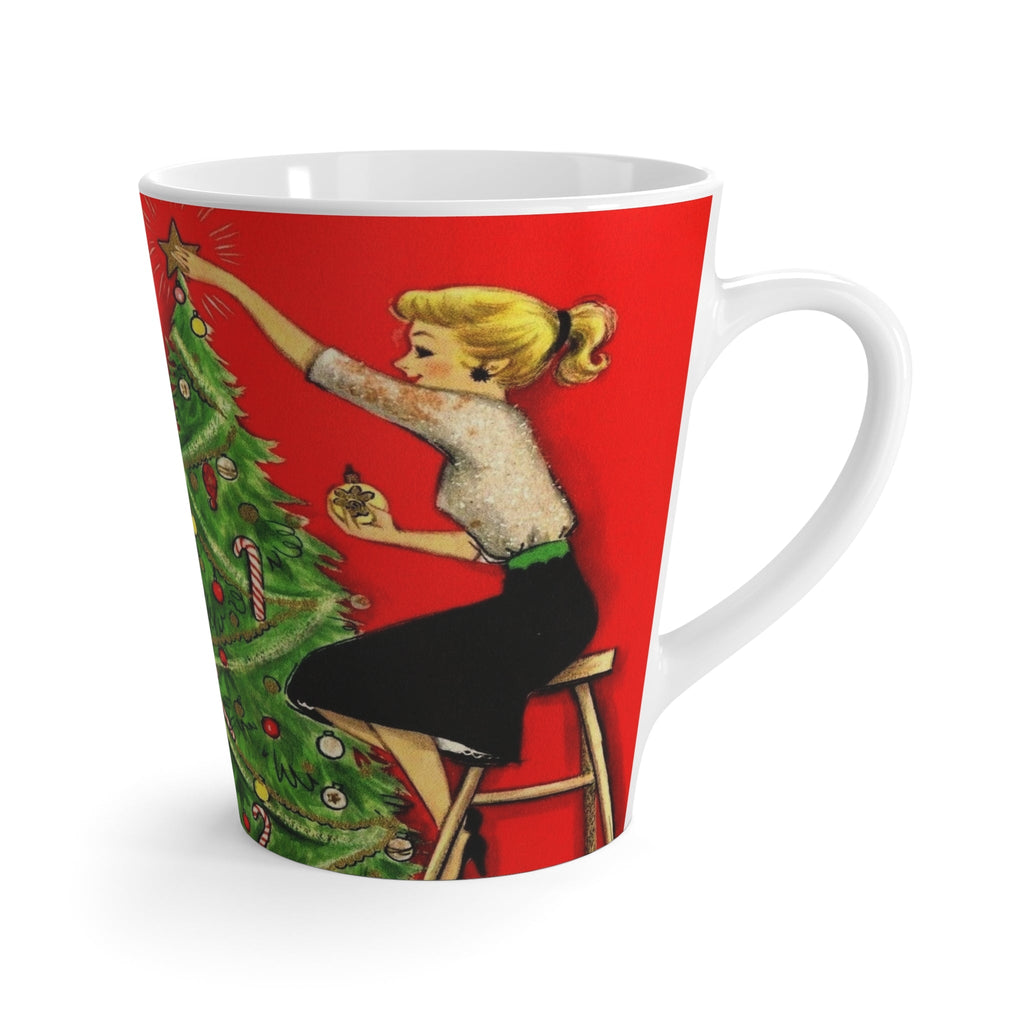 Lady Decorating Christmas Tree Mid Century Retro Christmas Print Latte Coffee Mug
