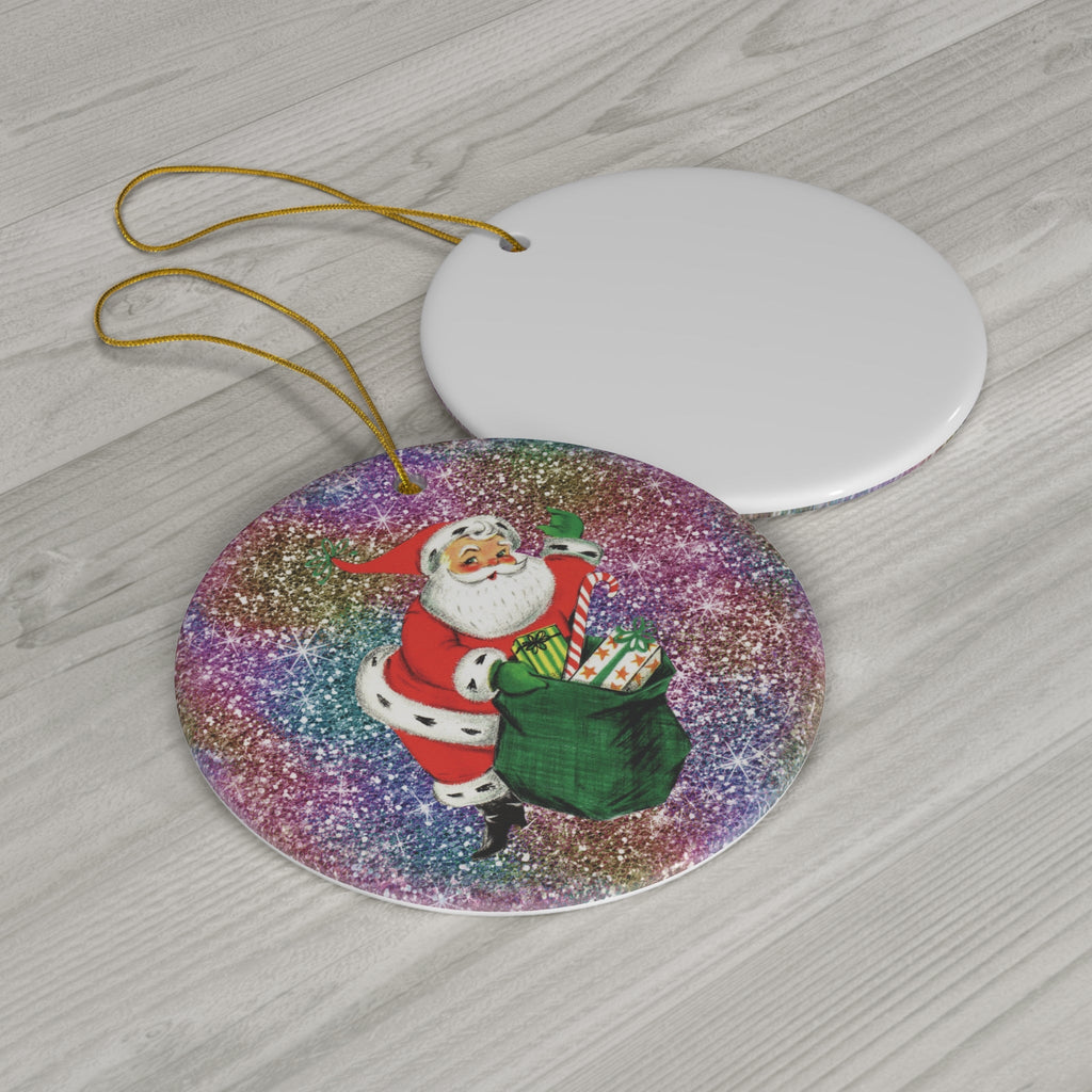 Santa With Sack Of Presents Glitter Background Mid Century Retro Christmas Print Ceramic Ornament