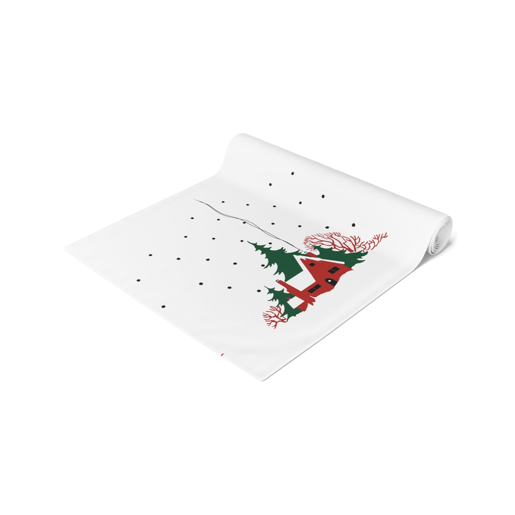 Cozy Christmas Home In Snow Mid Century Retro Christmas Print Home Decor Cotton Poly Table Runner