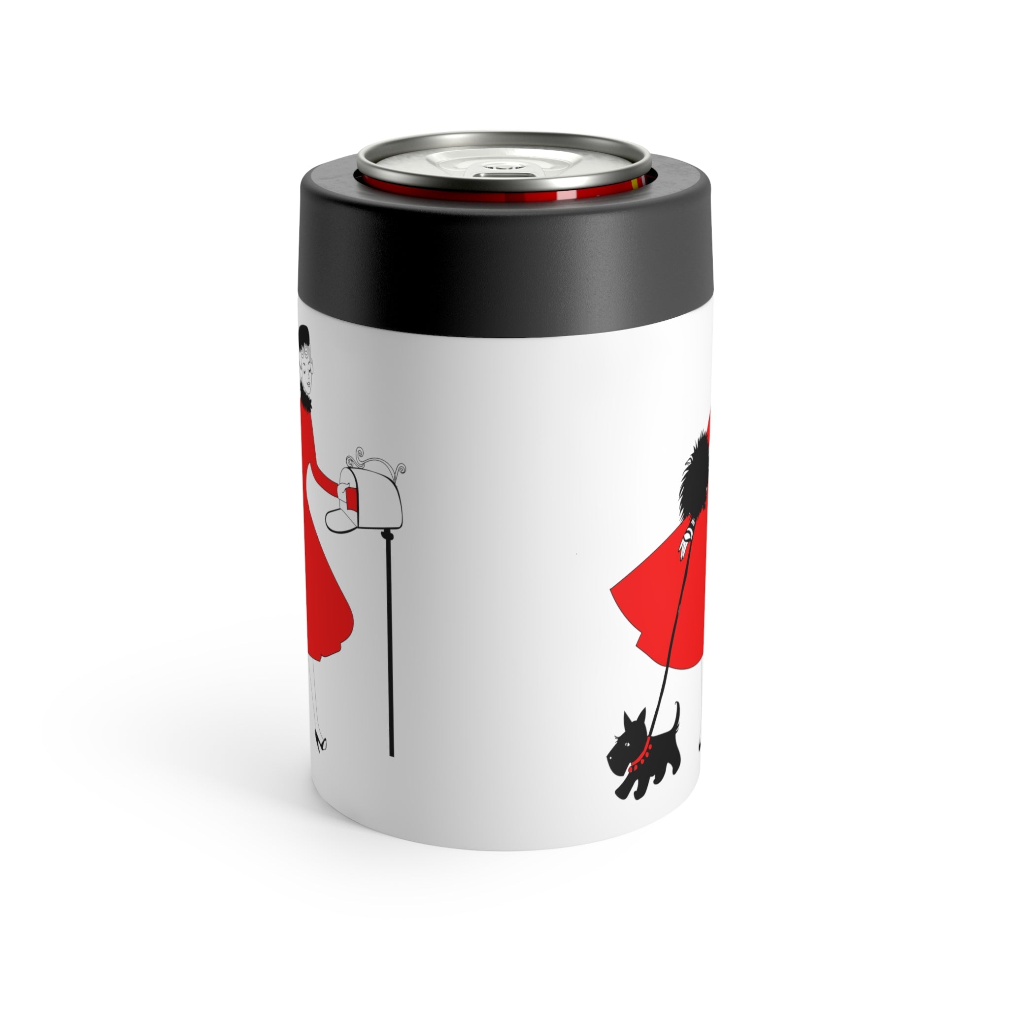 Christmas Lady With Black Scottie Dog At Mailbox Mid Century Retro Christmas Print Stainless Steel Can Holder