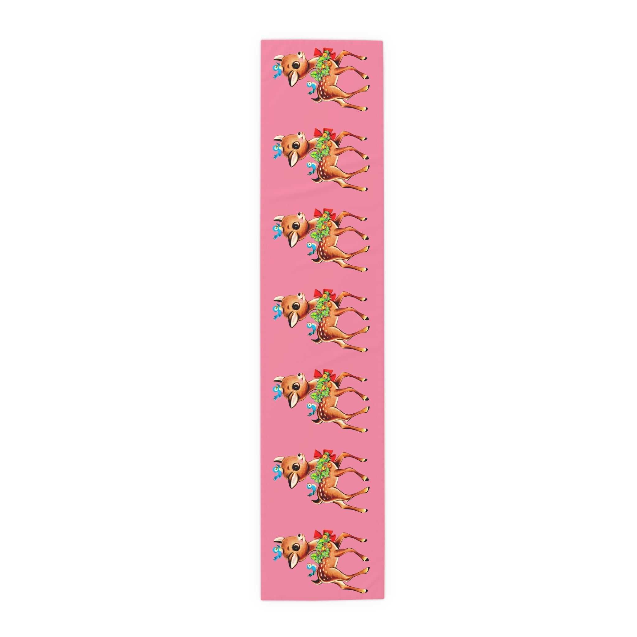 Reindeer With Bluebirds Retro Christmas Pink Polyester Table Runner