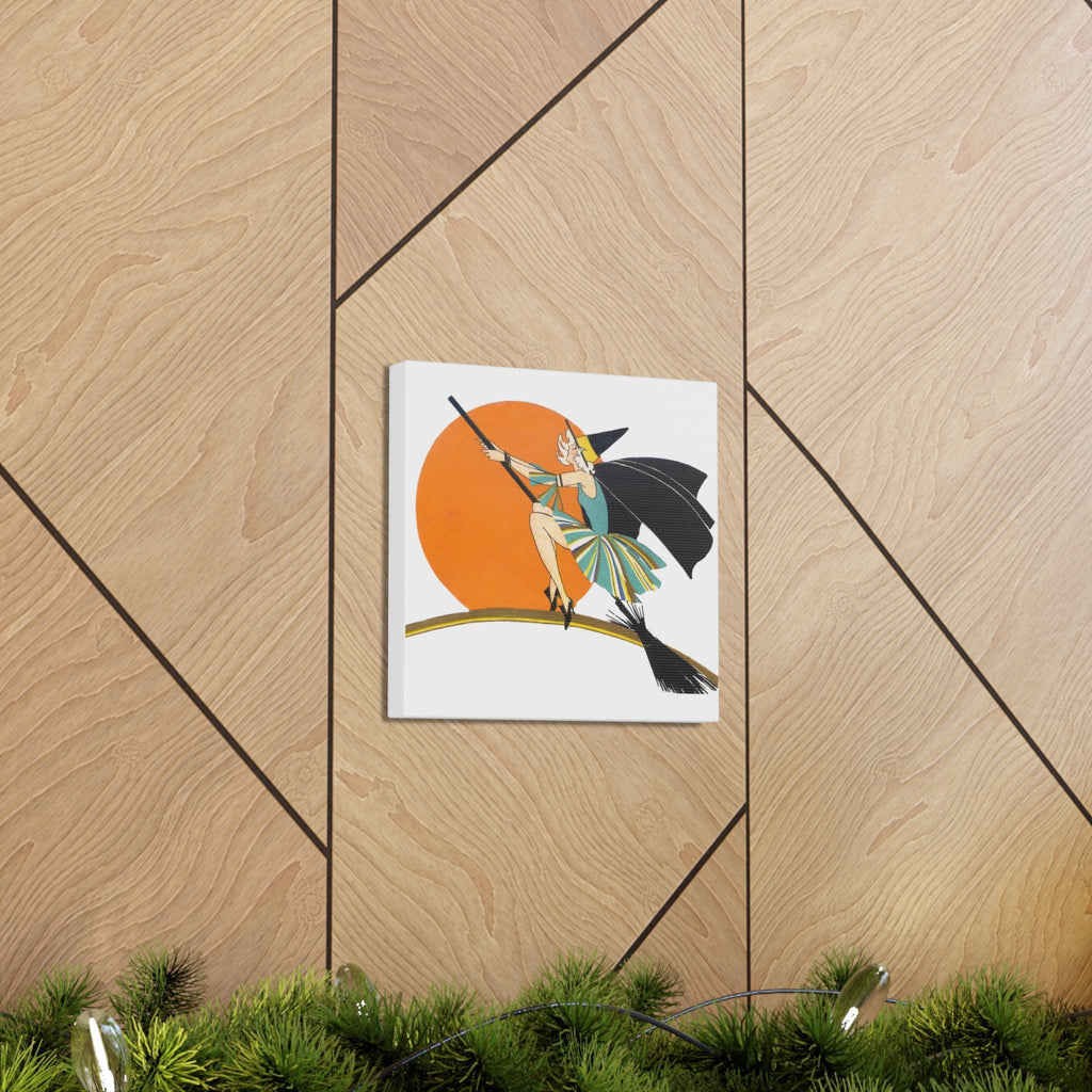 Flapper Witch On Broom Orange Moon Retro Halloween Decor Print Canvas Gallery Wrap
