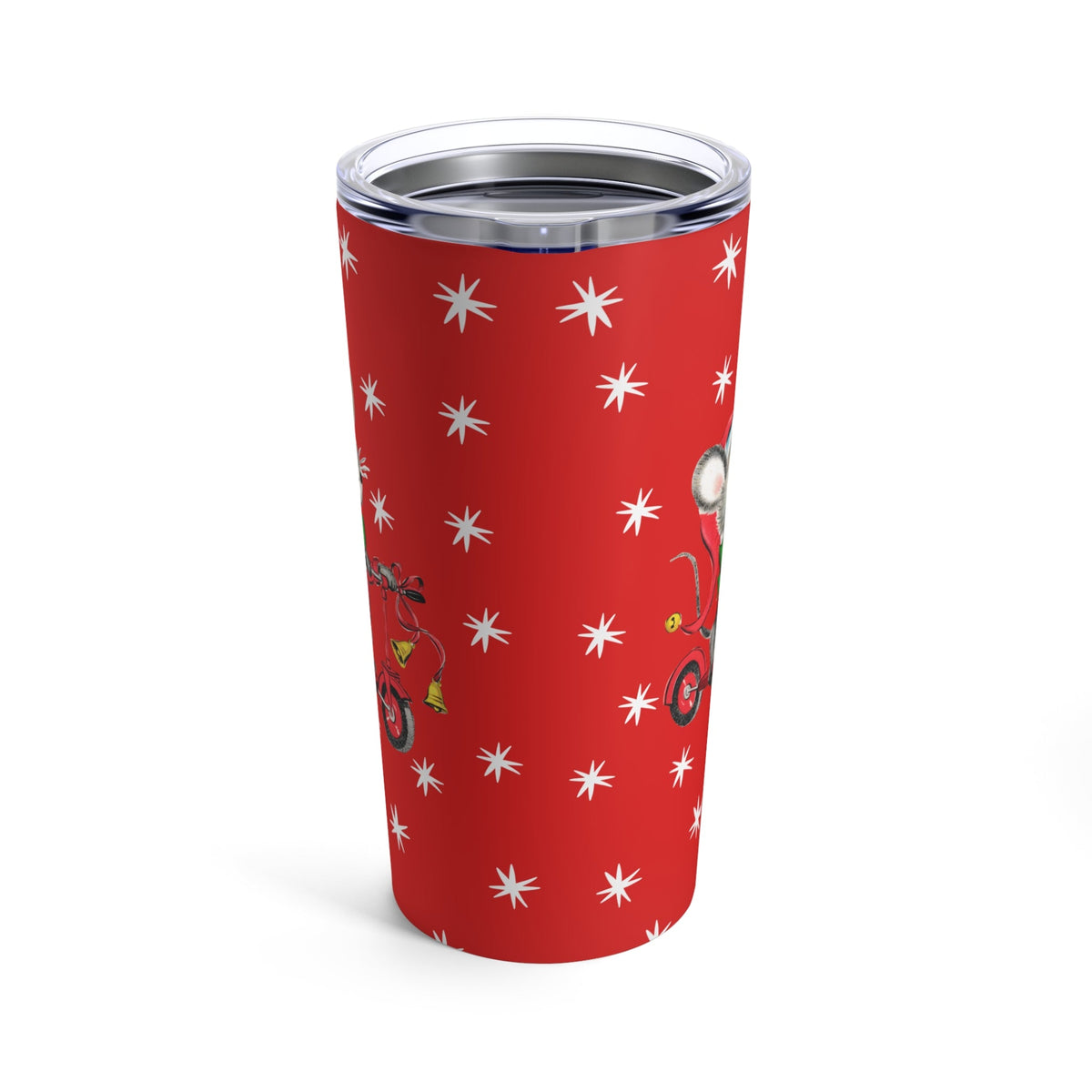 Christmas Mouse On Scooter Stars Mid Century Retro Christmas Print Stainless Steel Tumbler 20oz