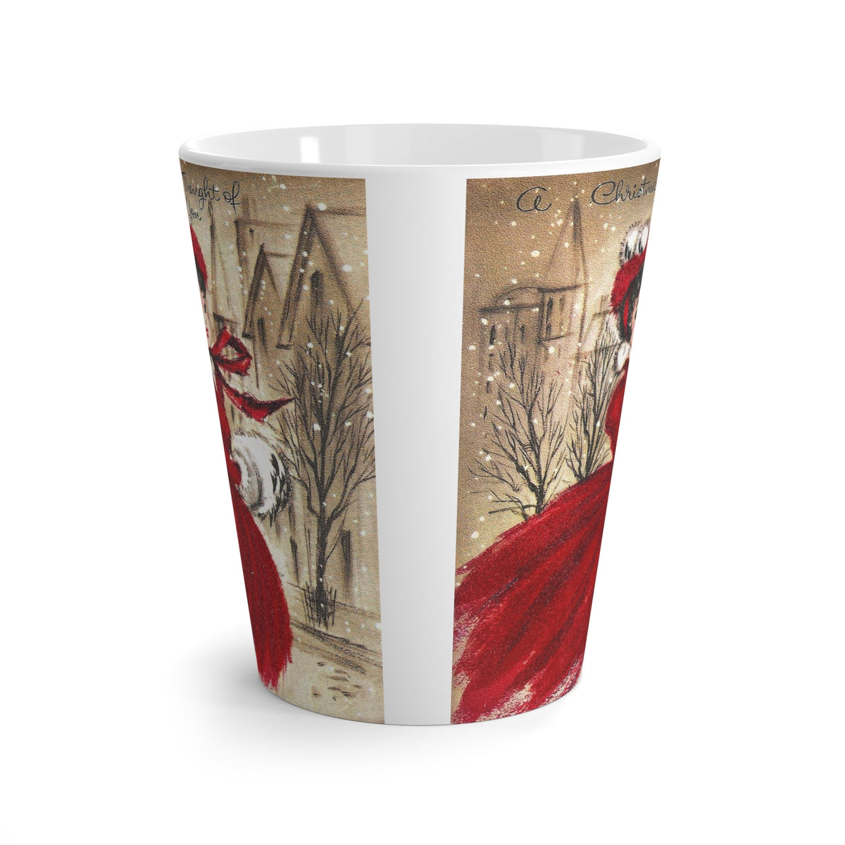 Christmas Mug - A Christmas Thought Of You Lady In Snow City Mid Century Retro Christmas Print Latte Coffee Mug