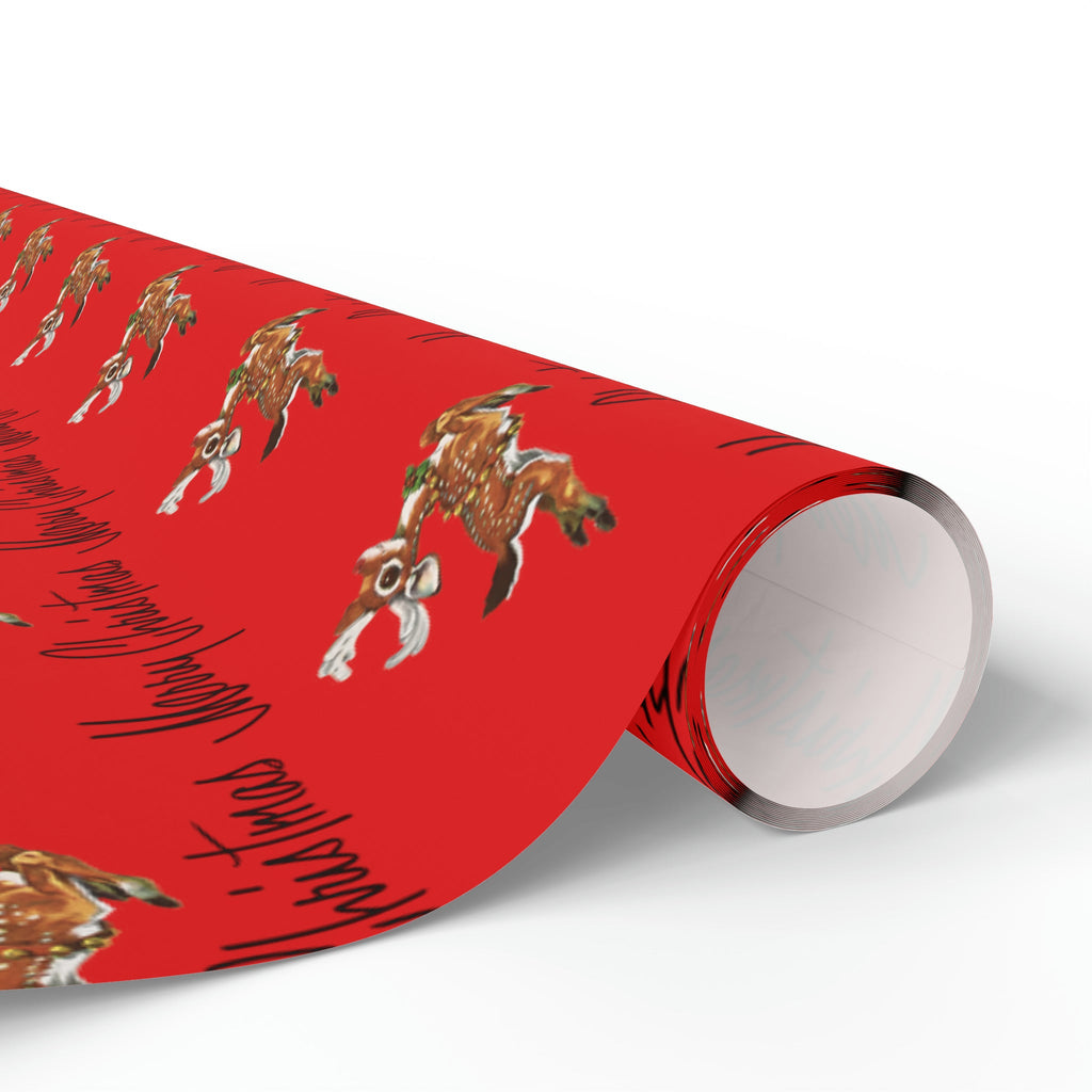 Merry Christmas Leaping Reindeer Red Mid Century Retro Christmas Print Holiday Gift Wrap Paper - Glossy Or Matte