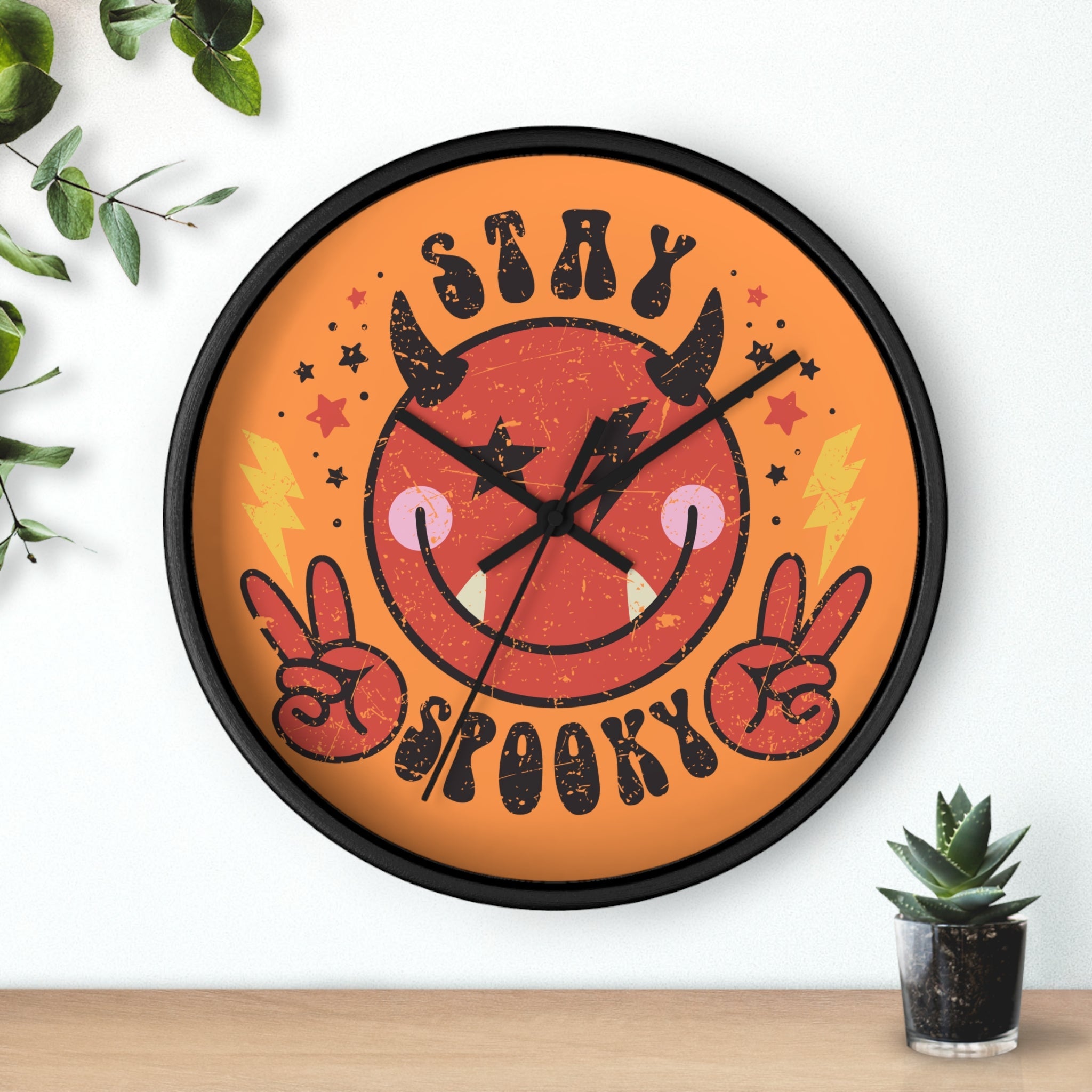 Stay Spooky Cute Devil Distressed Halloween Print Black Wall Clock