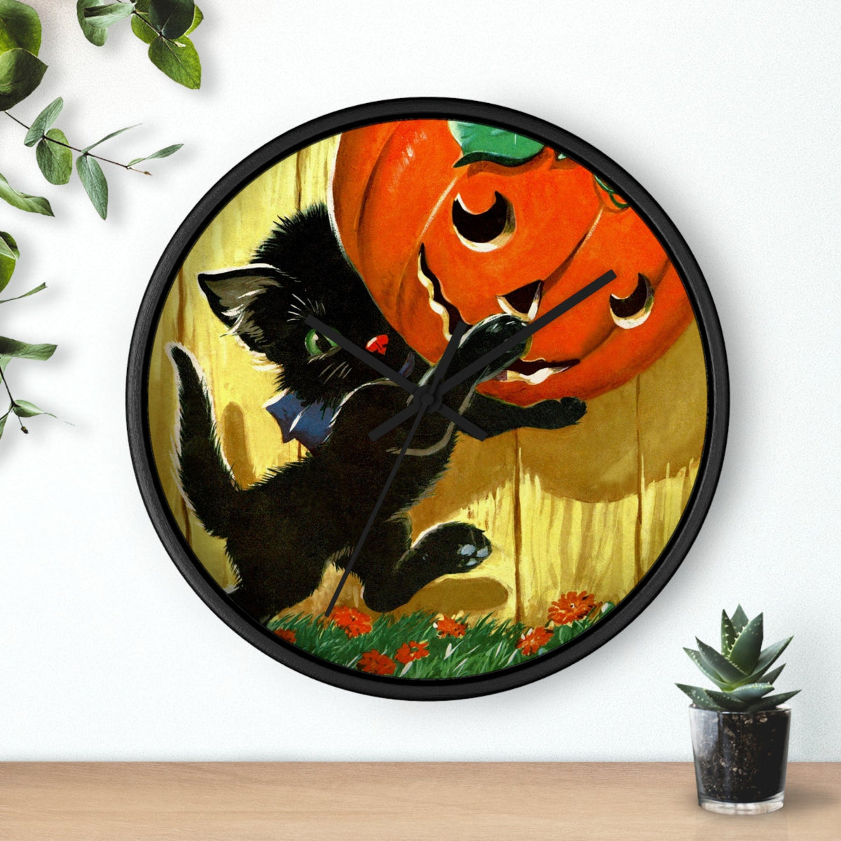 Cute Black Cat Pumpkin Jack O Lantern Retro Halloween Print Wall Clock