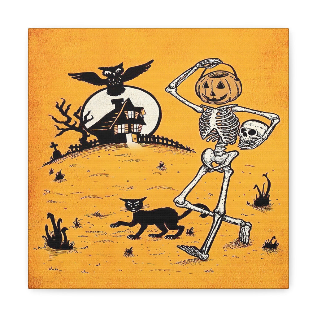 Skeleton Jack O Lantern Black Cat Owls Retro Halloween Vintage Art Canvas Gallery Wrap