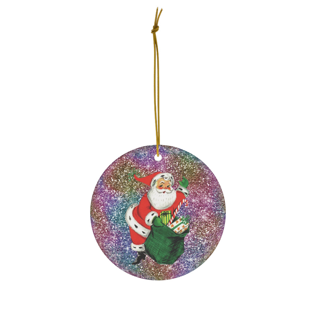 Santa With Sack Of Presents Glitter Background Mid Century Retro Christmas Print Ceramic Ornament