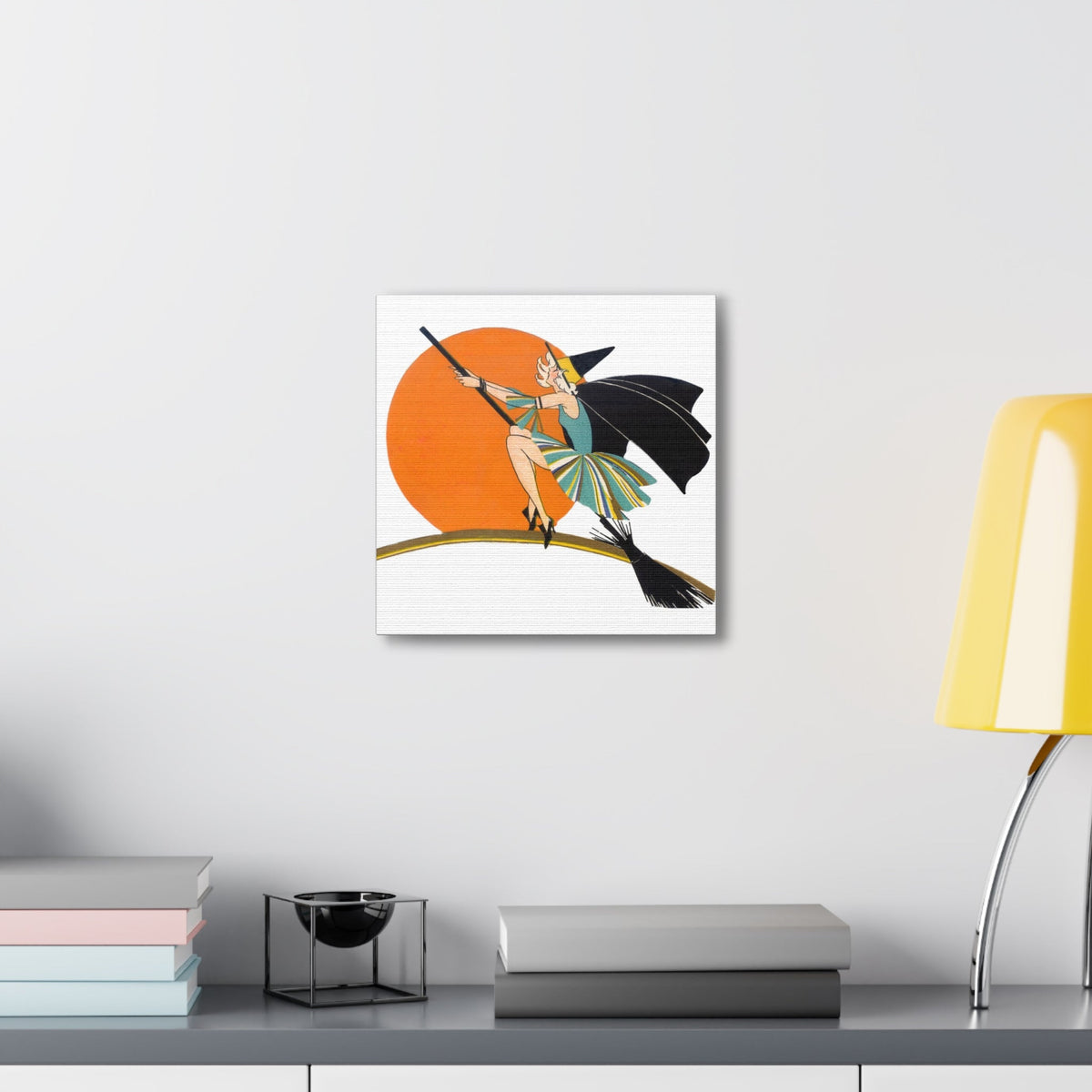 Flapper Witch On Broom Orange Moon Retro Halloween Decor Print Canvas Gallery Wrap