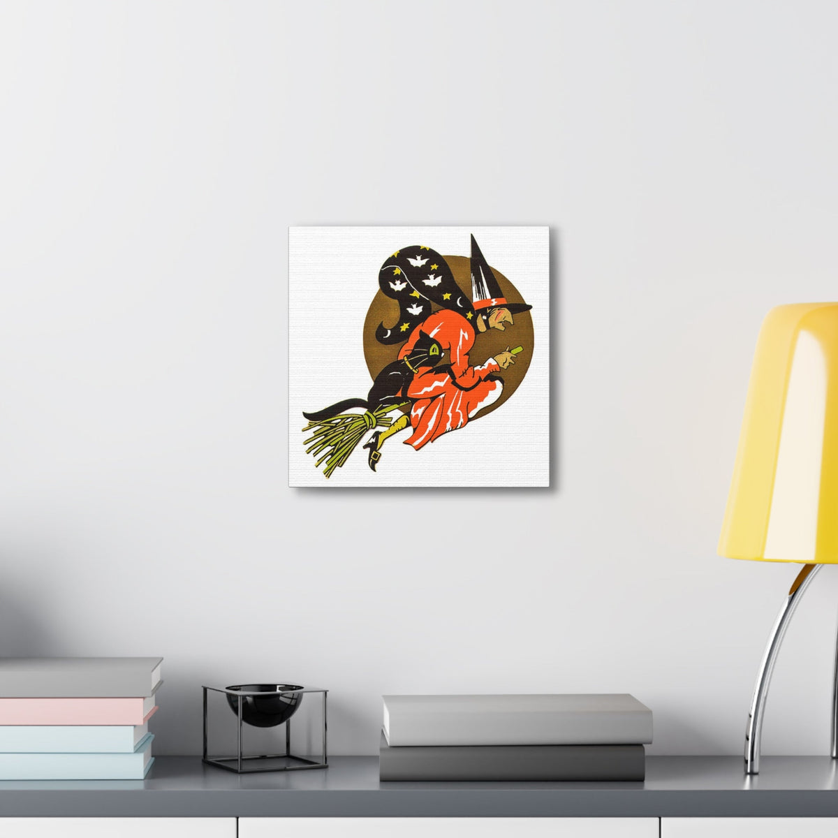 Gold Moon Witch Black Cat Retro Halloween Decor Print Canvas Gallery Wrap