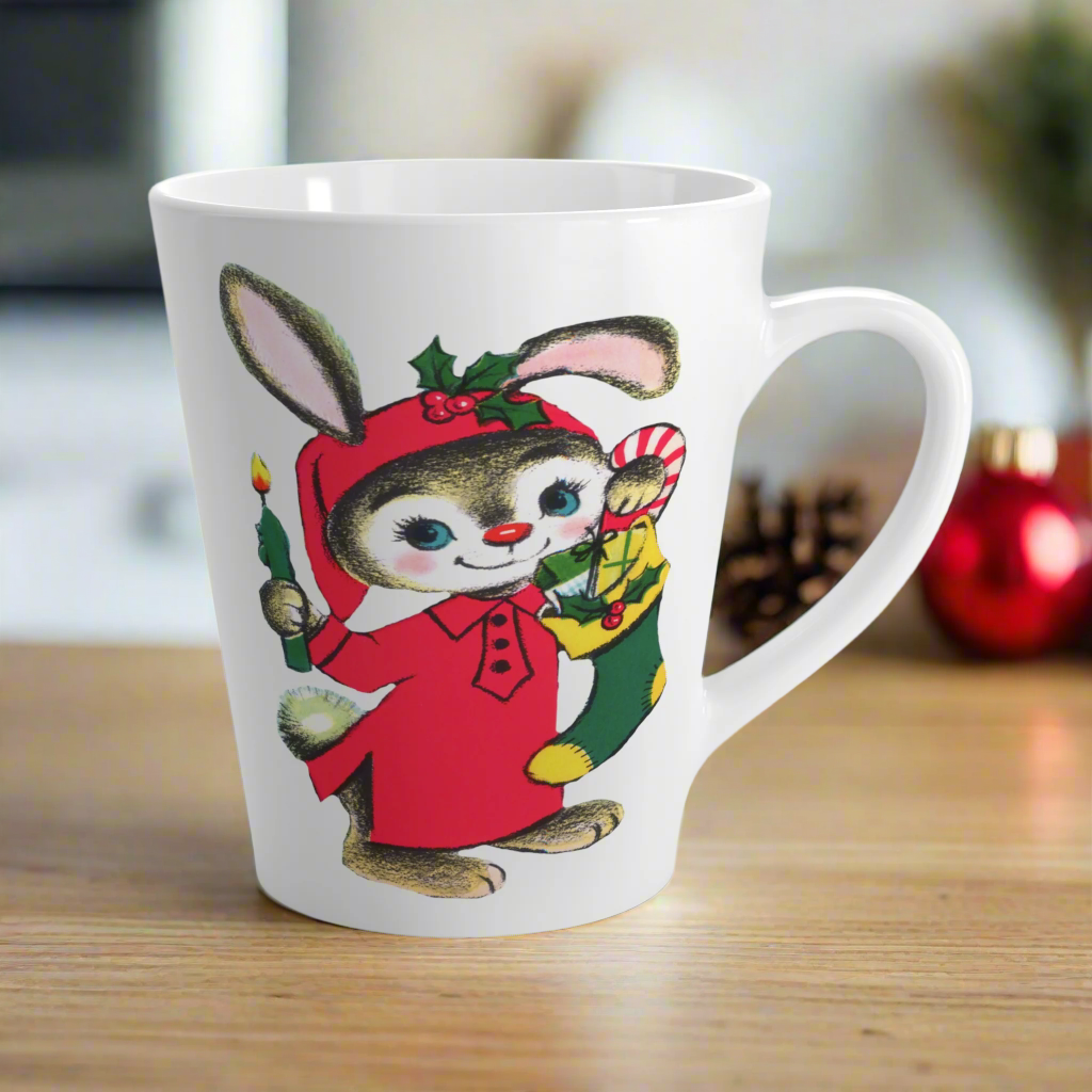 Christmas Bunny With Candle And Stocking Mid Century Retro Latte Coffee Mug
