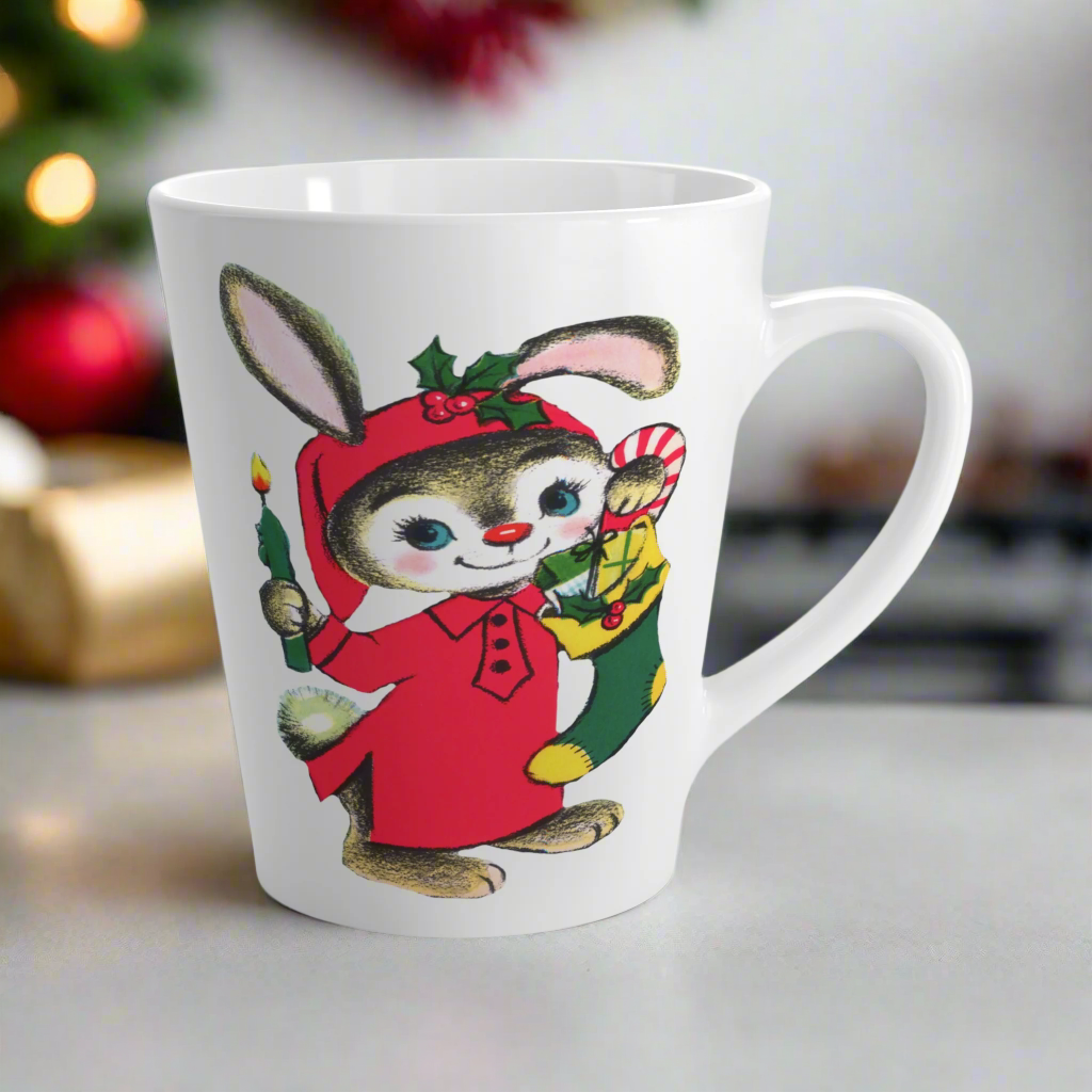 Christmas Bunny With Candle And Stocking Mid Century Retro Latte Coffee Mug
