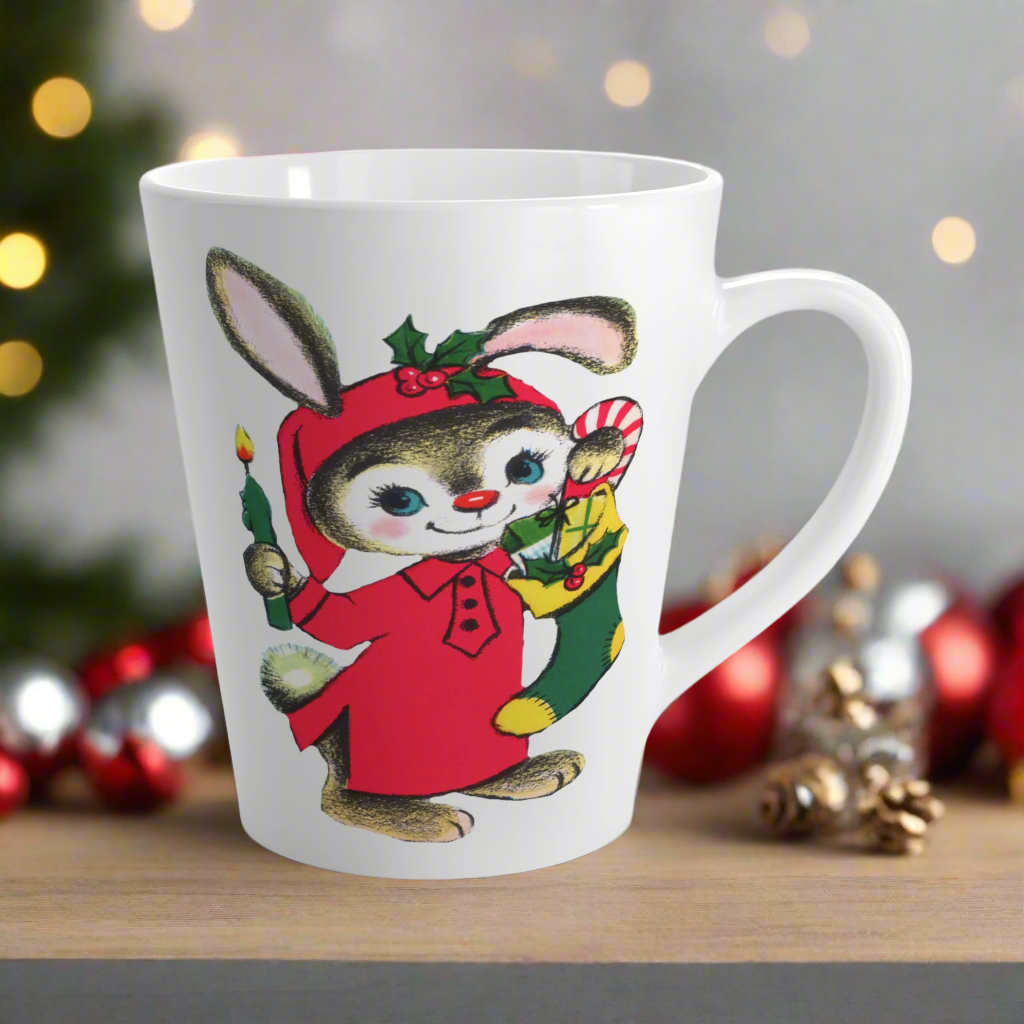 Christmas Bunny With Candle And Stocking Mid Century Retro Latte Coffee Mug