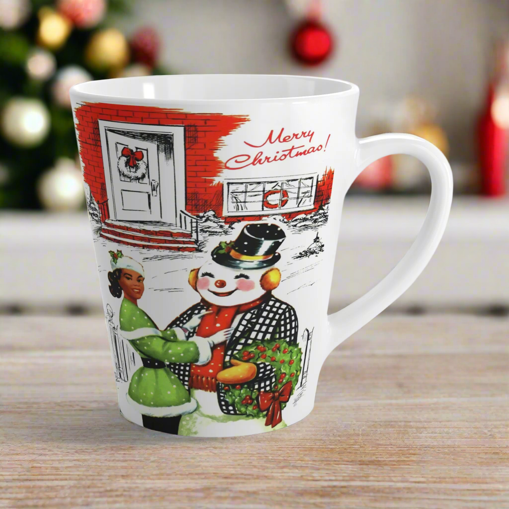 Merry Christmas Lady With Snowman Retro Latte Coffee Mug