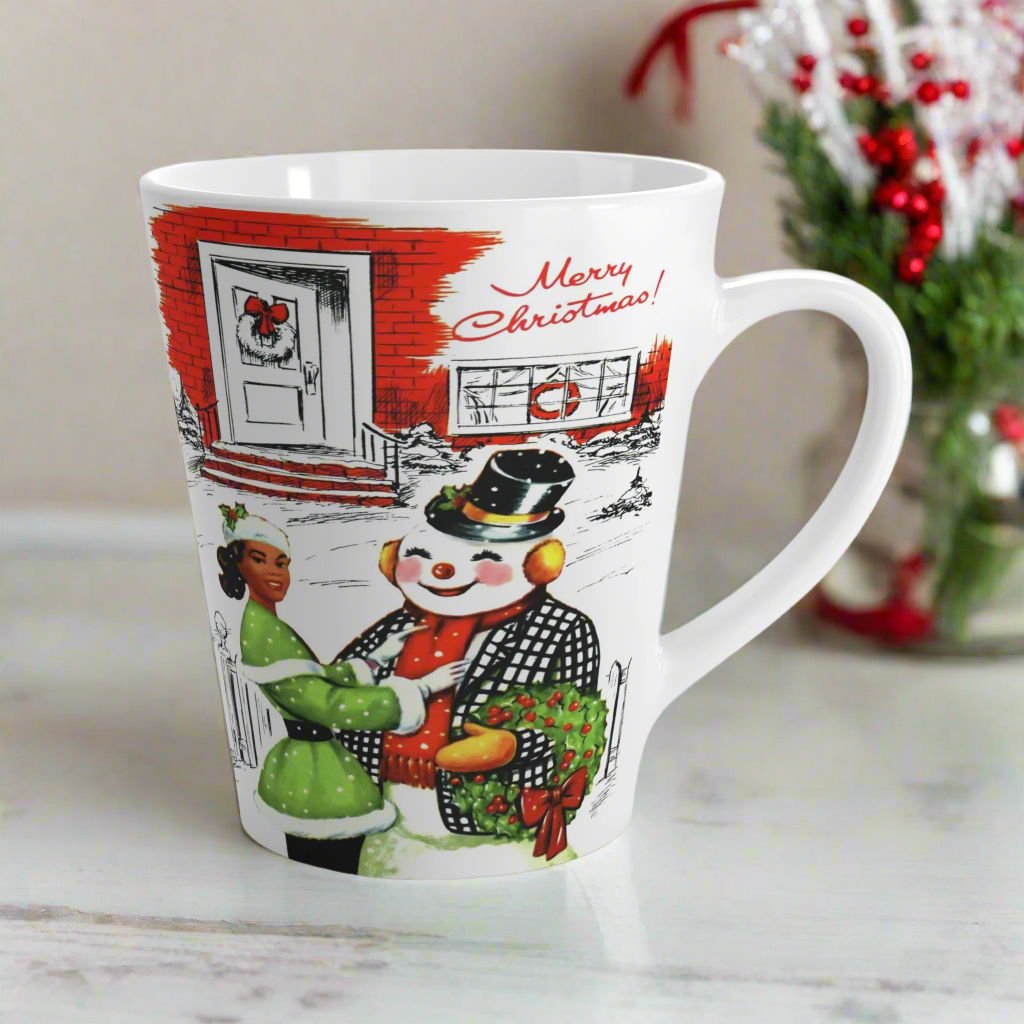 Merry Christmas Lady With Snowman Retro Latte Coffee Mug