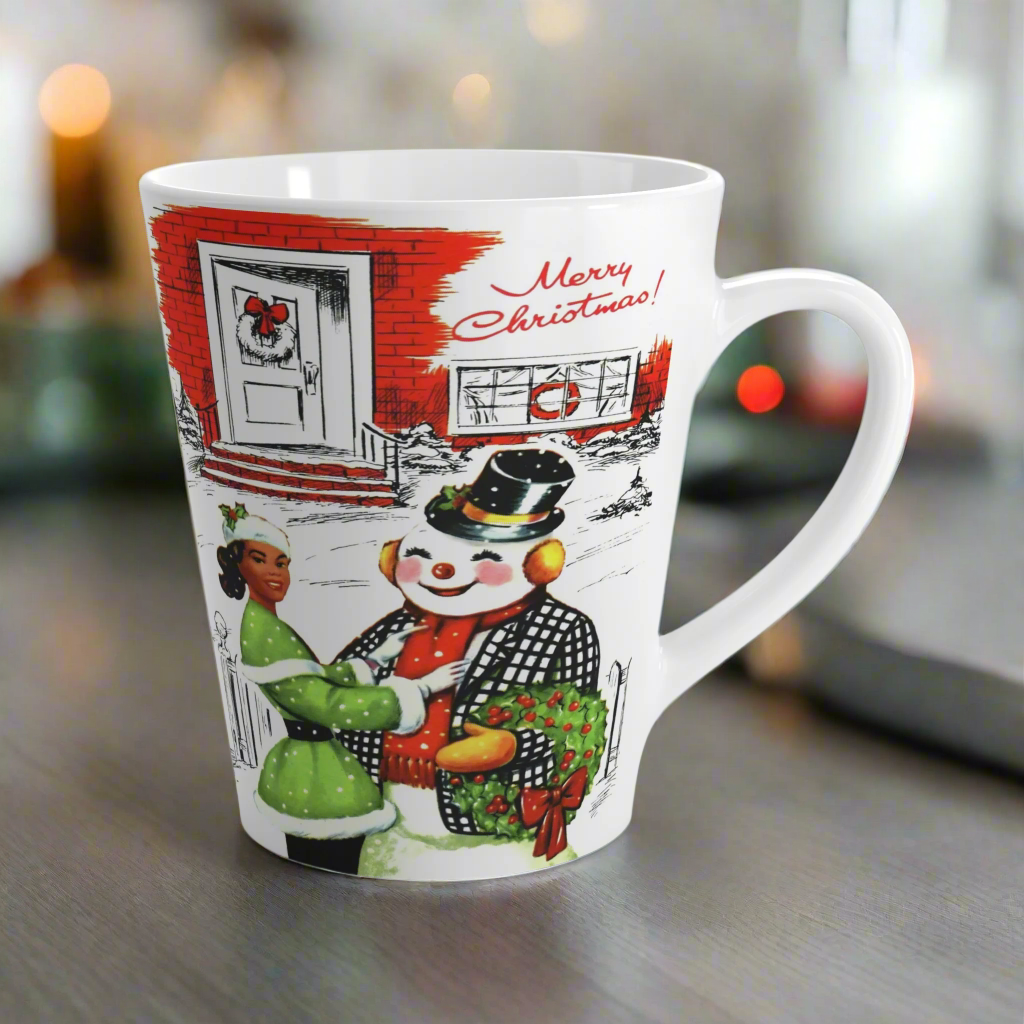 Merry Christmas Lady With Snowman Retro Latte Coffee Mug