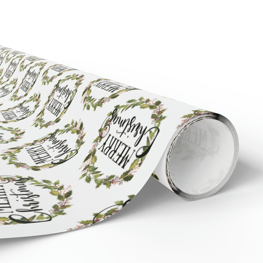 Merry Christmas Wreath Retro Style Christmas Print Holiday Gift Wrap Paper - Glossy Or Matte