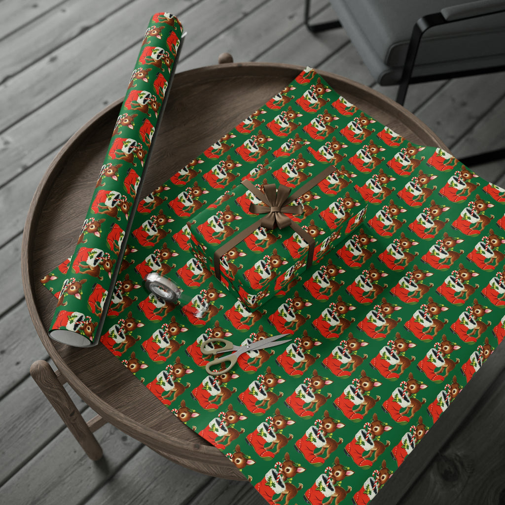 Reindeer With Stocking Mid Century Retro Christmas Print Holiday Gift Wrap Paper - Glossy Or Matte